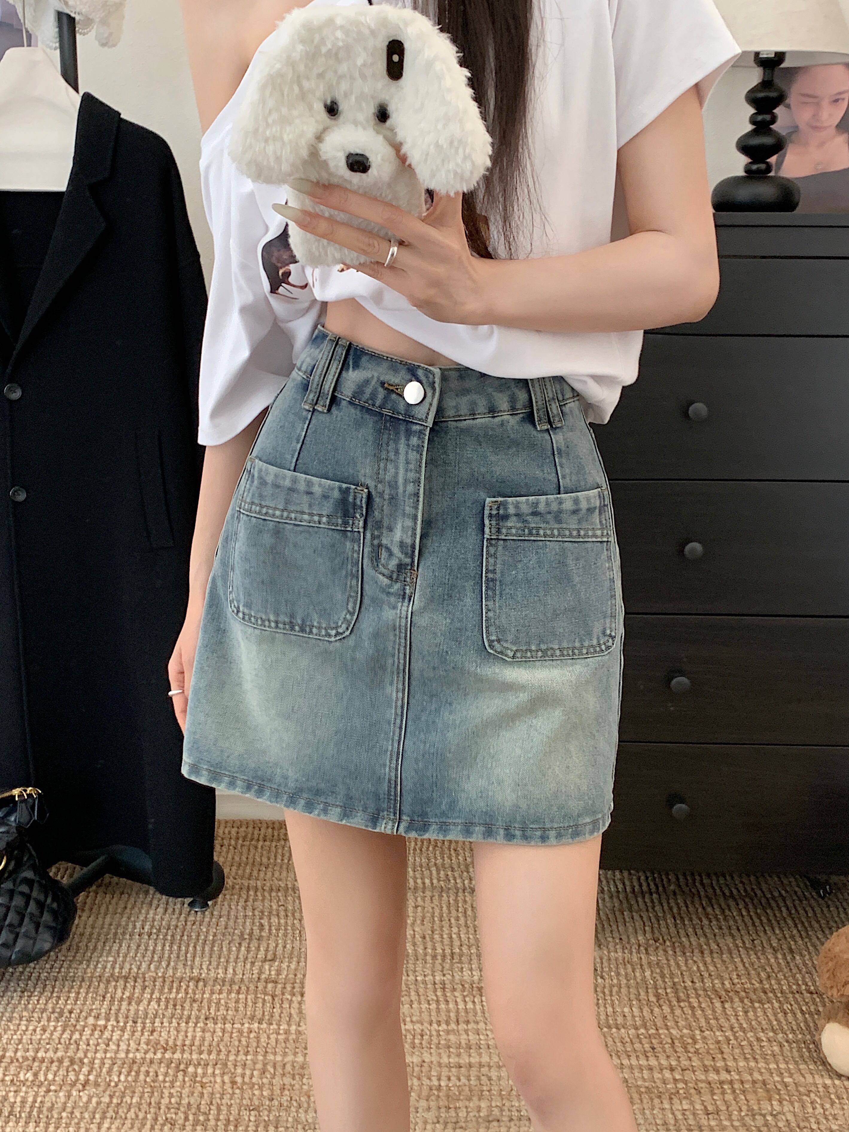 B165(65532) 韩版复古JEANS前部双大口袋蓝短裙 