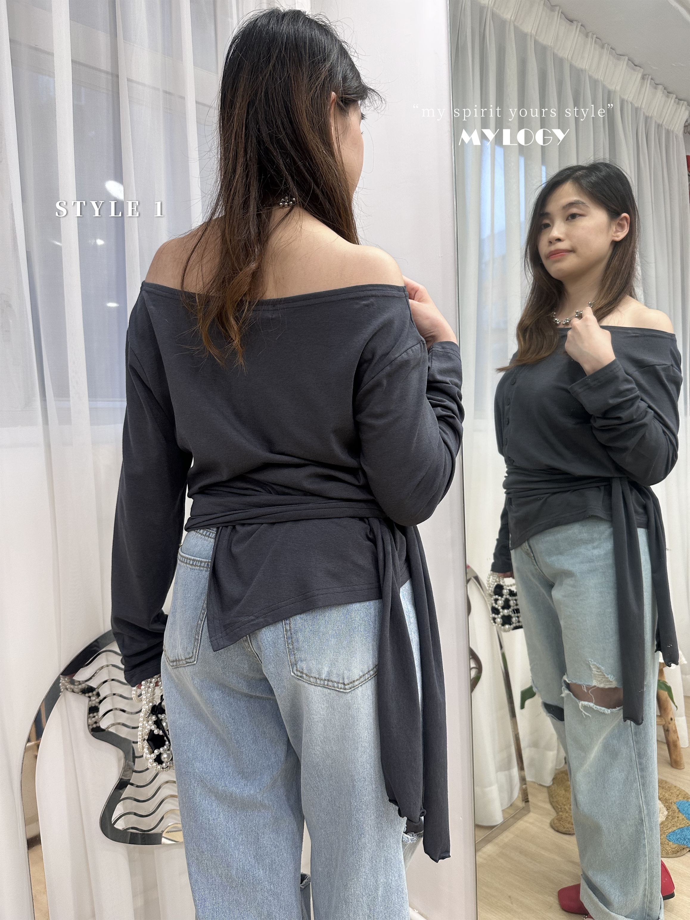韓系 L/S Off Shoulder 排扣不規則下擺 TEE JD0008 - 深藍 Navy