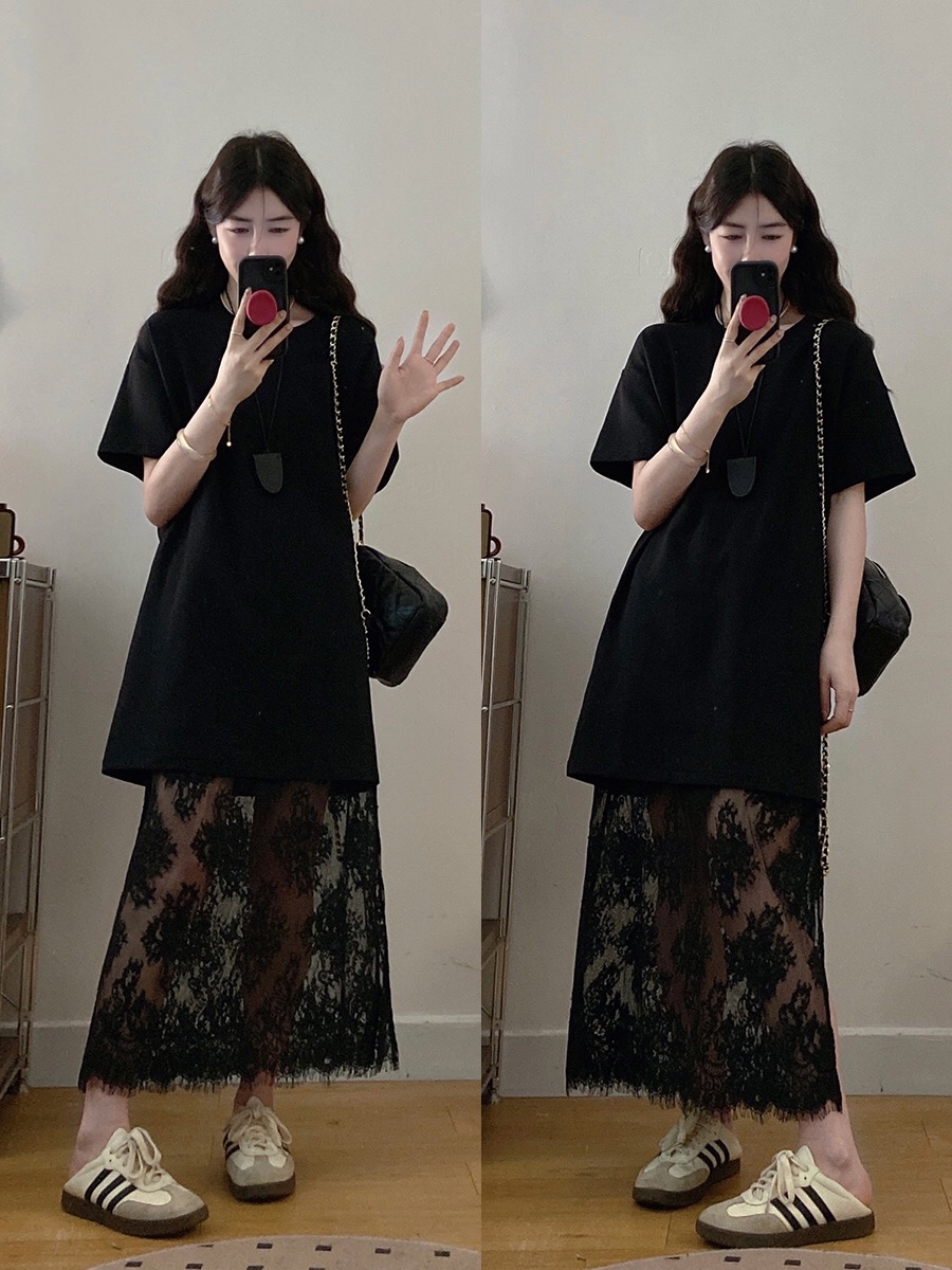 B19(3267) 法式高级感长版上衣与拼接下摆蕾丝透黑长裙黑套装