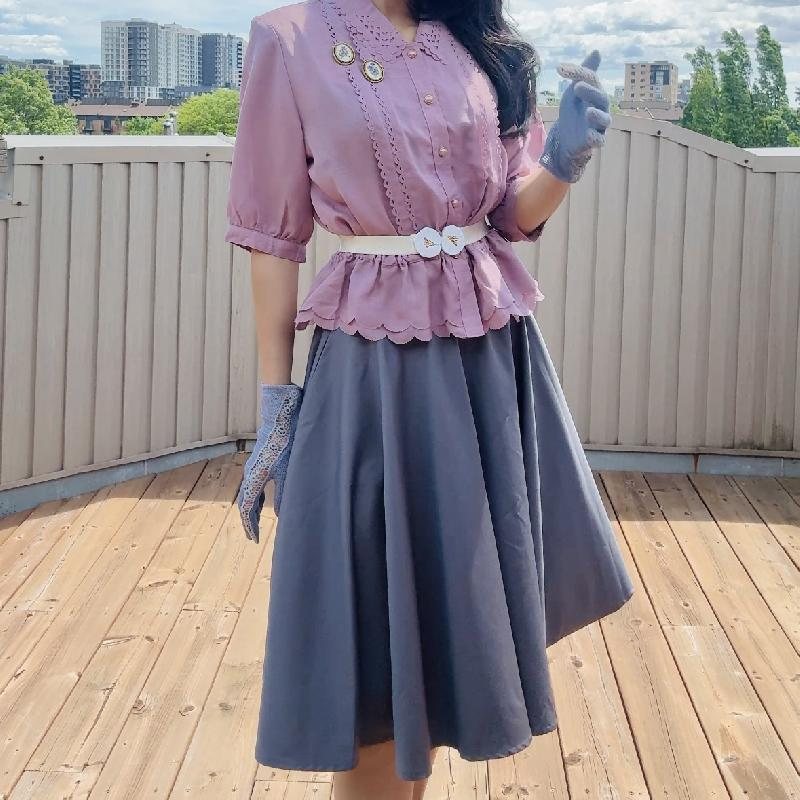 Vintage Japanese Plum Colour Cut-out Pattern Peplum Summer Blouse with Scallop Edge (MT2349)
