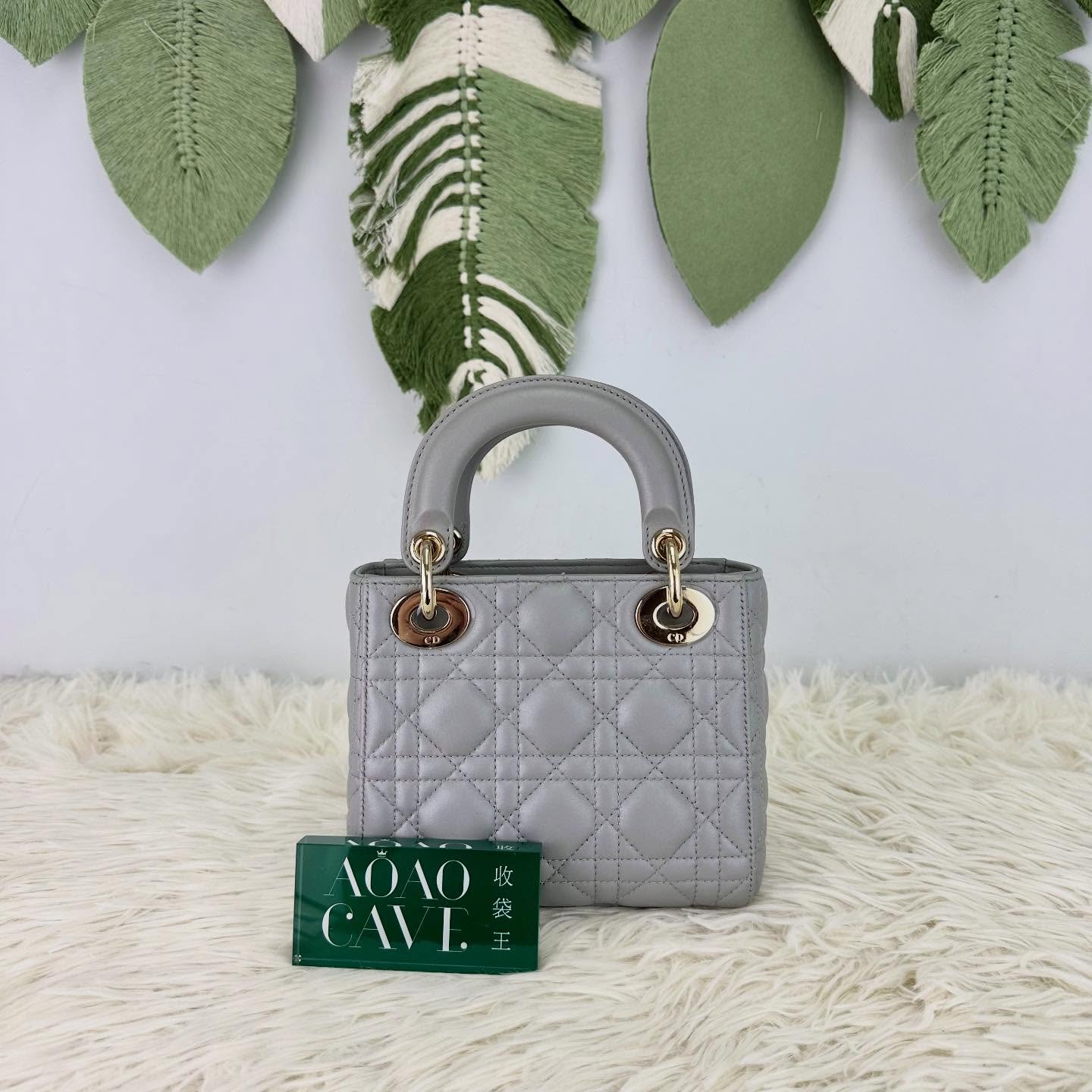 DIOR🤍PRE OWNED Mini Lady 珠光灰金扣羊皮 手提斜肩包🩶