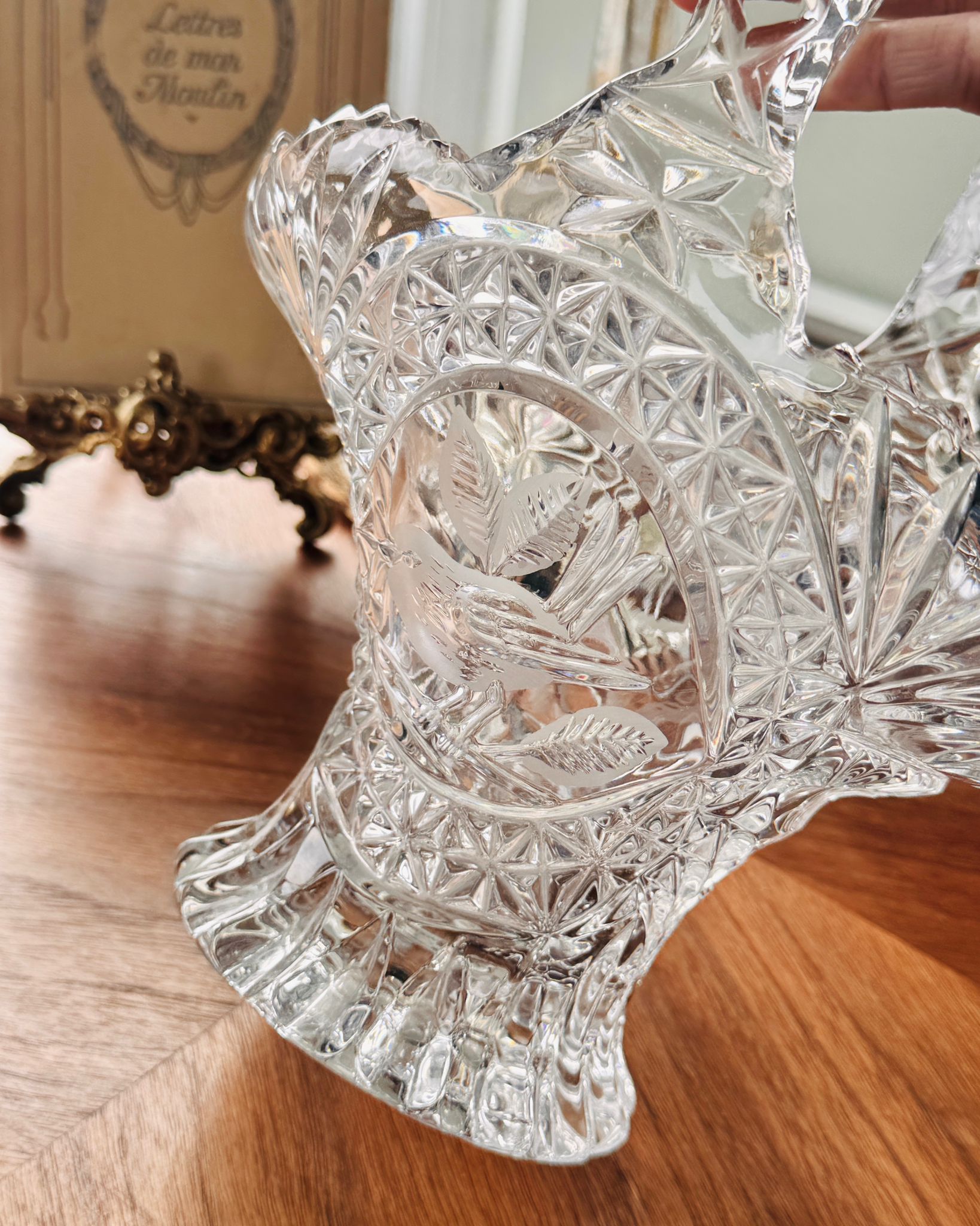 Vintage Crystal Birdsong Basket with Sawtooth Rim