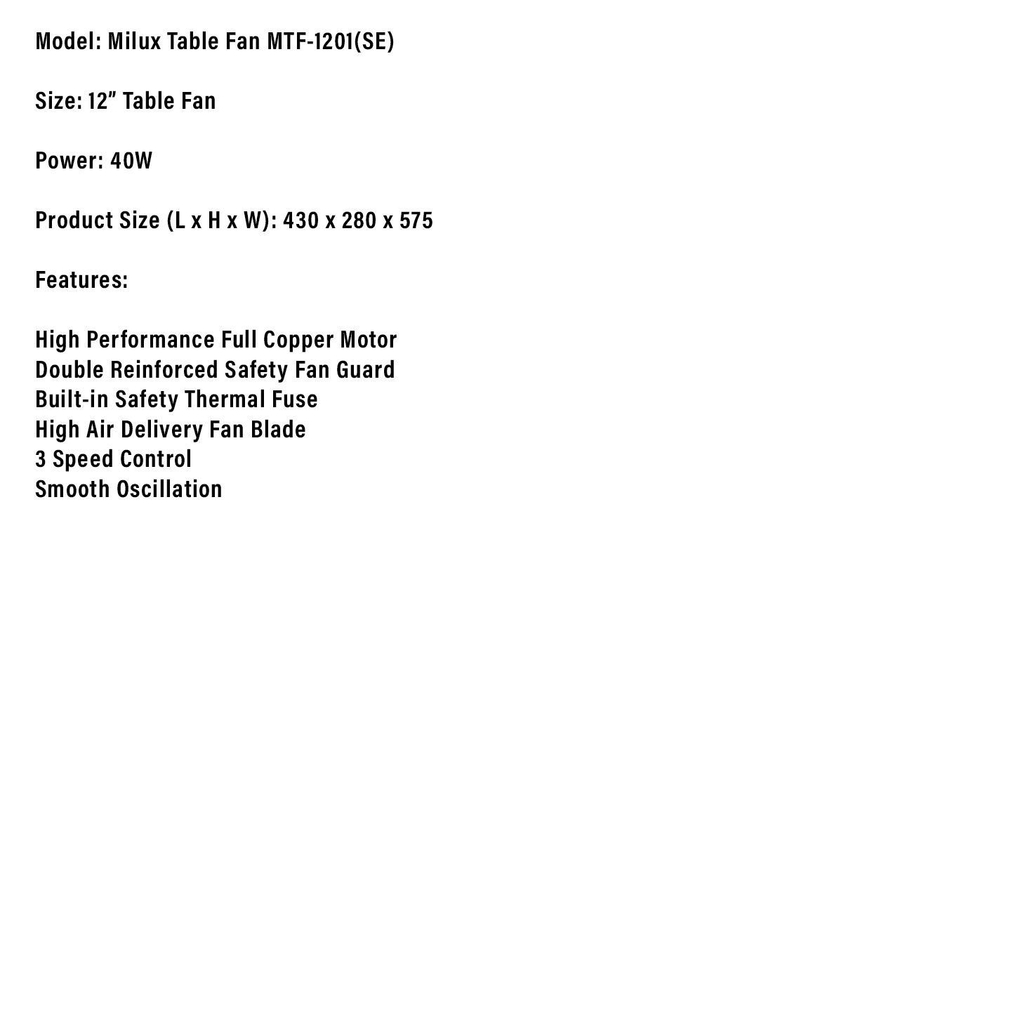 Milux 12" Table Fan (MTF-1201 SE)