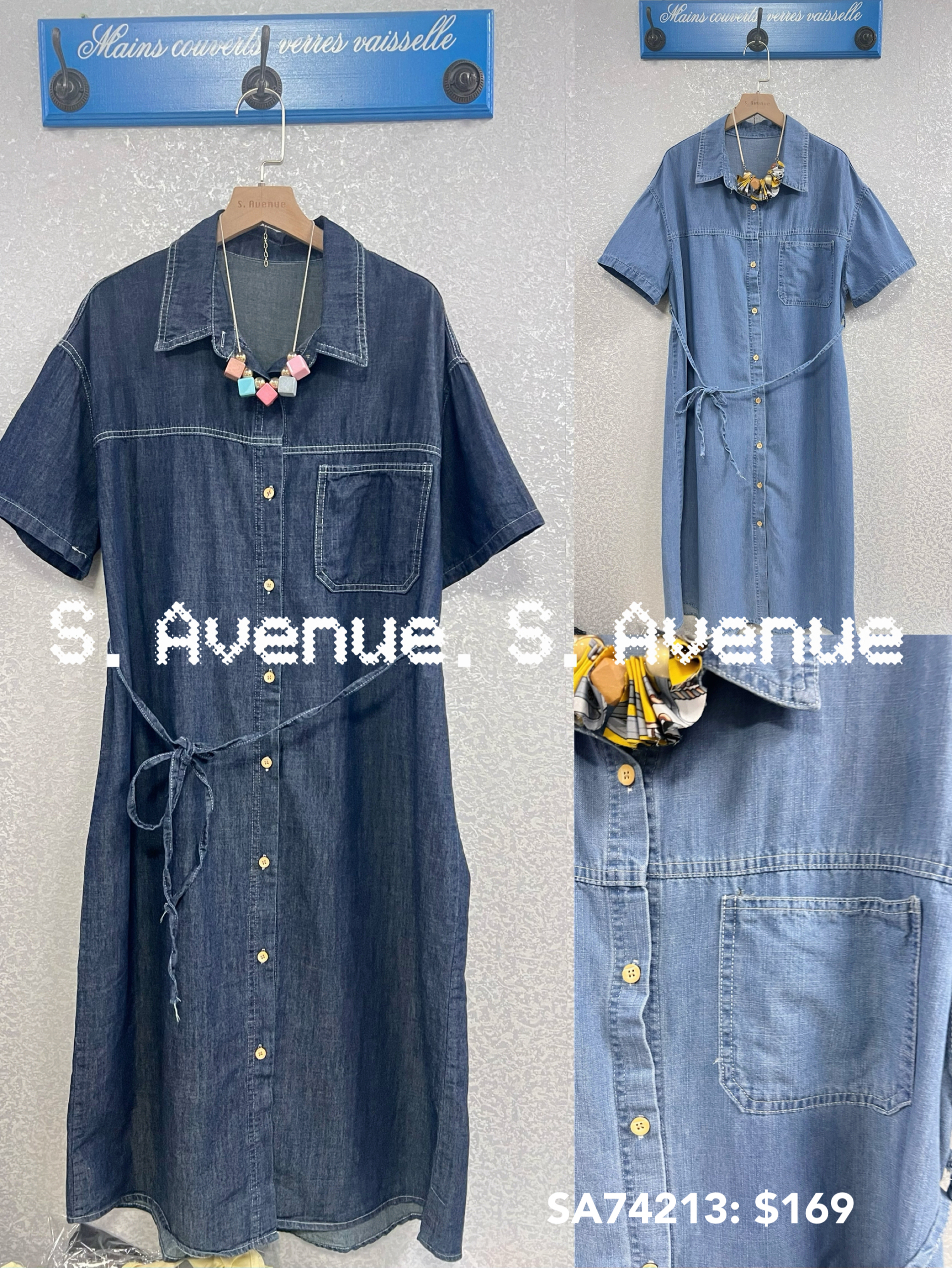 SA74213: 短袖前有骨可綁繩牛仔op