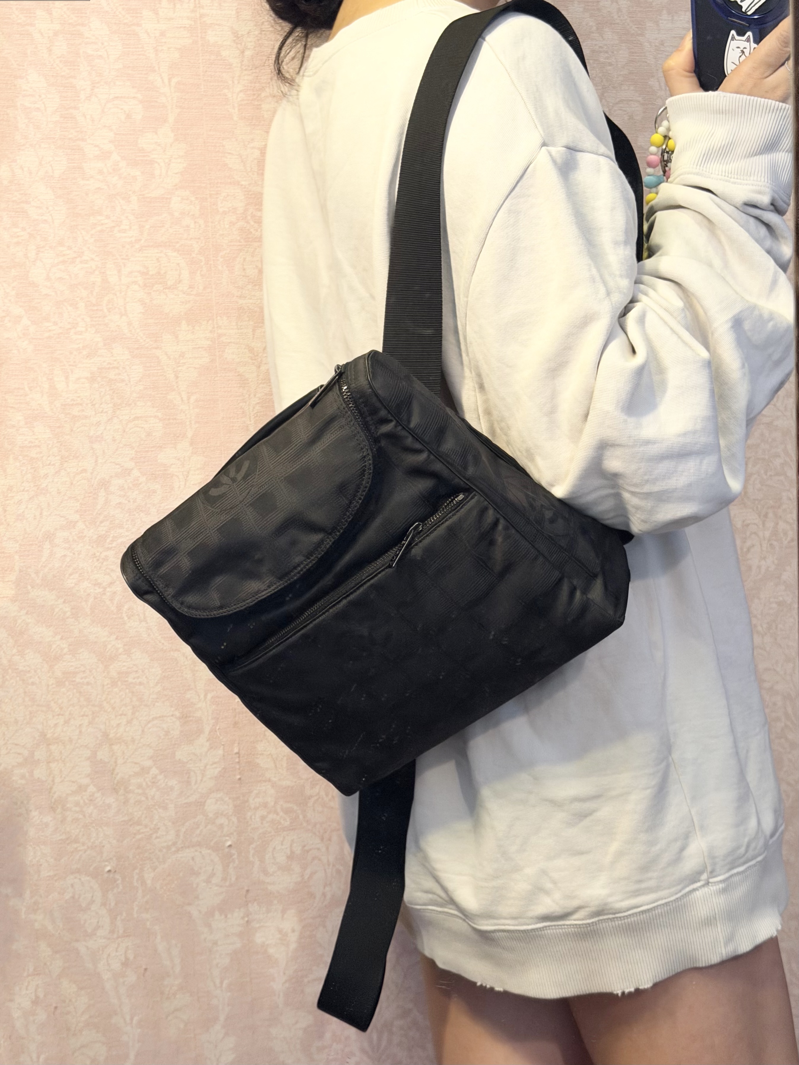 Vintage chanel black travel line backpack /shoulder bag 