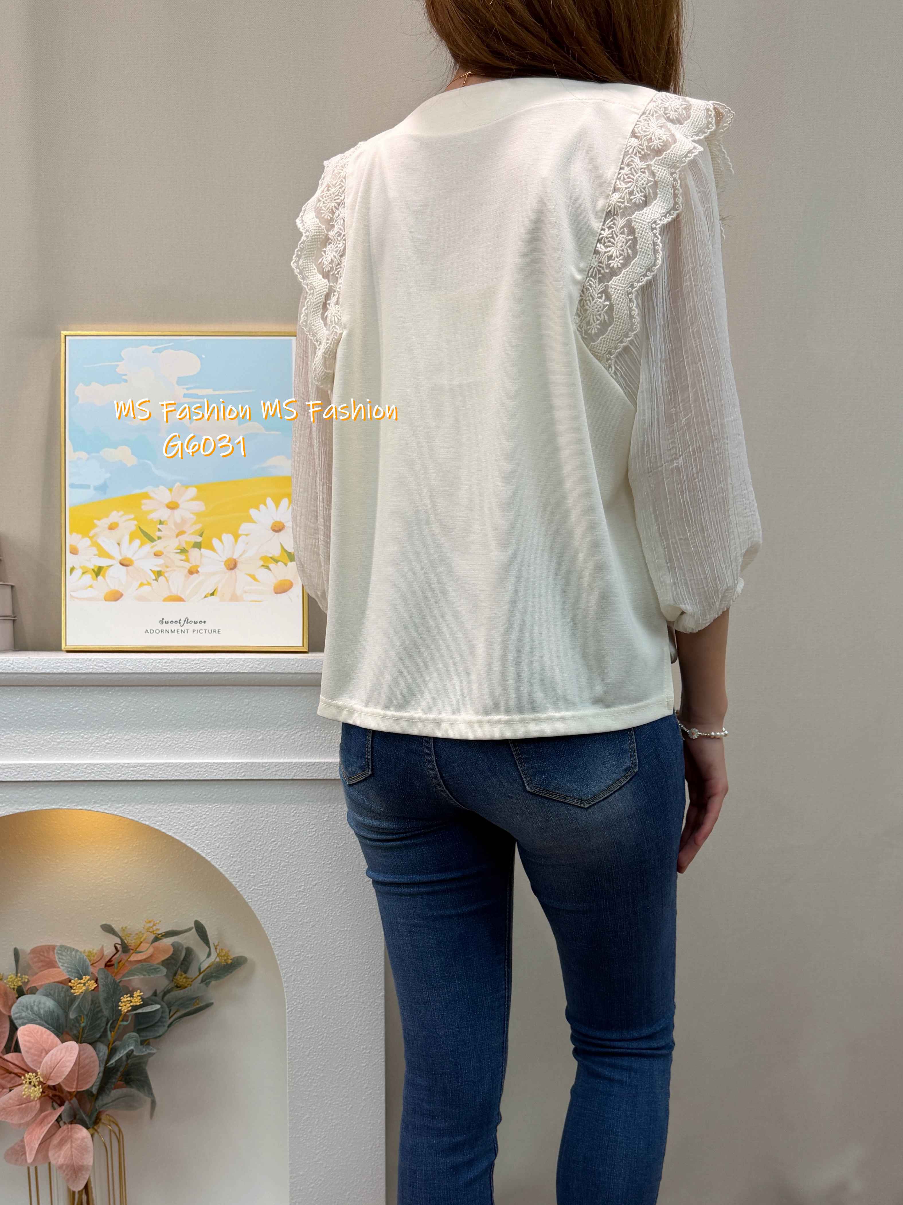 G6031 韓國🇰🇷肩lace拼布top