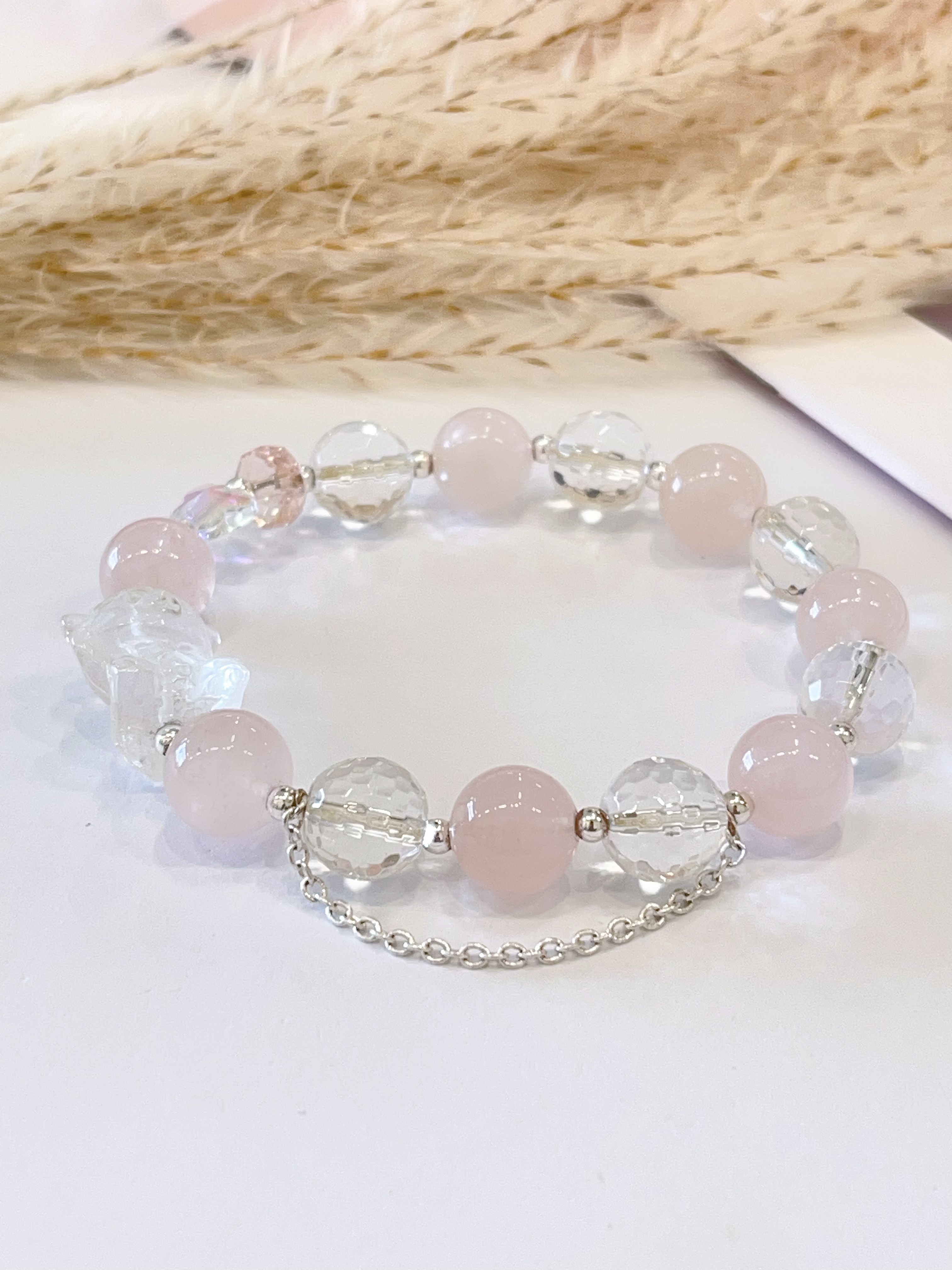 🤍 切割白水晶 × 粉水晶 × 白水晶小熊手串 Faceted Clear Quartz, Rose Quartz & Clear Quartz Bear  | 10mm