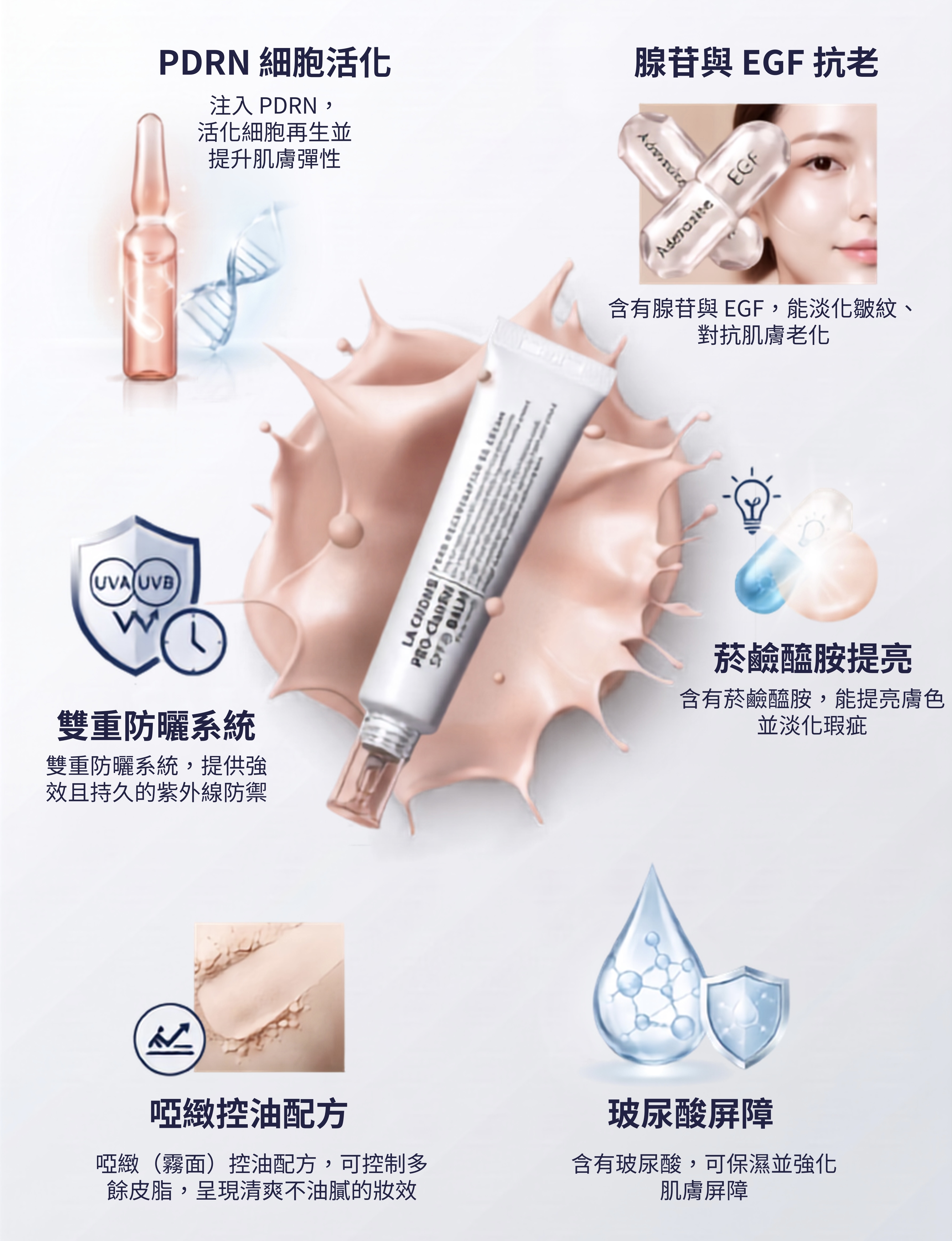 LaChomB 煥膚再生BB霜核心特點解析：注入 PDRN 活化細胞再生並提升肌膚彈性，含有腺苷與 EGF 對抗肌膚老化並淡化皺紋。具備雙重防曬系統提供強效持久的紫外線防禦，搭配菸鹼醯胺提亮膚色與淡化瑕疵。採用啞緻控油配方呈現清爽不油膩的霧面妝效，並含有玻尿酸深層保濕與強化肌膚屏障。