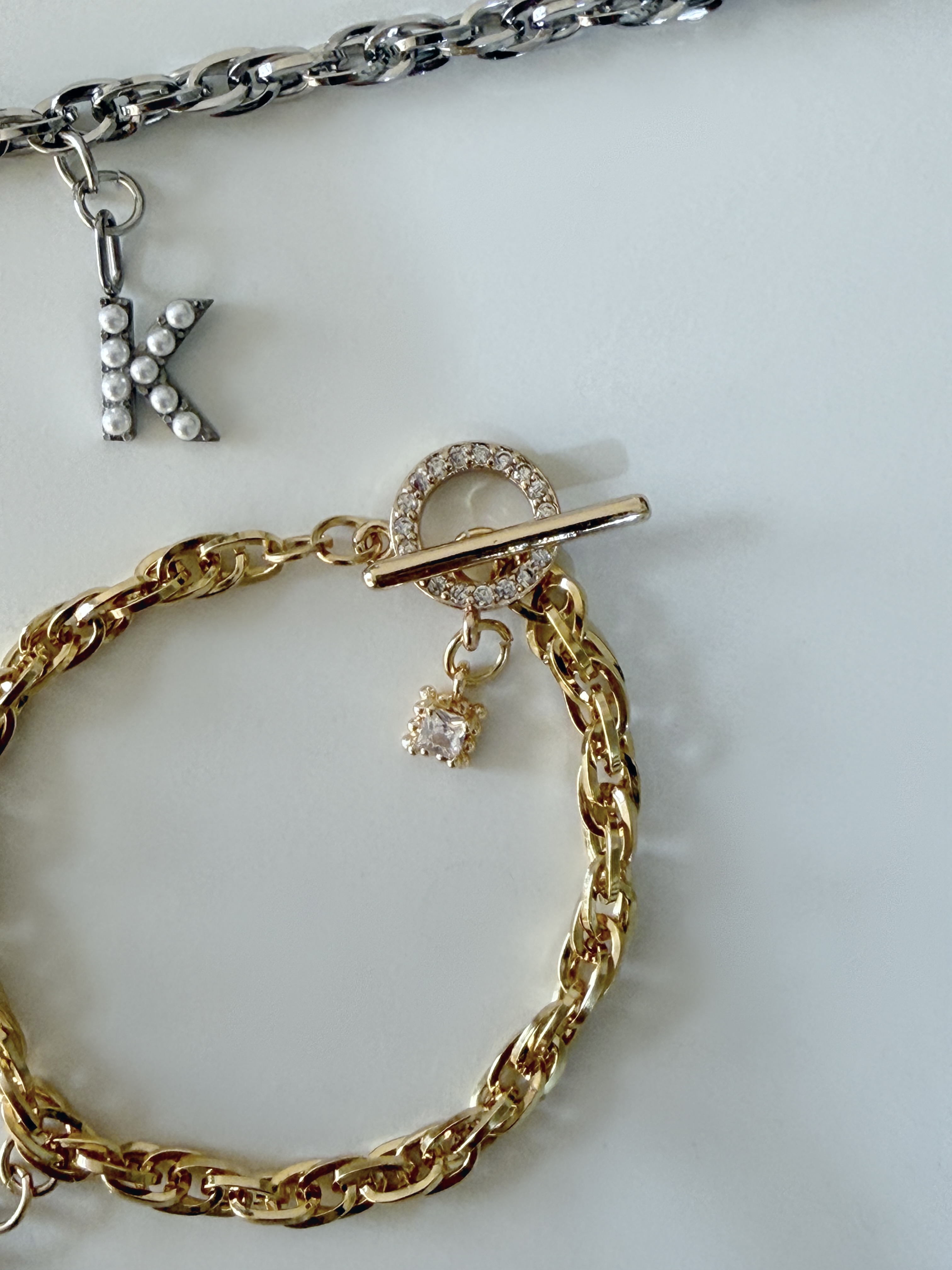 復古珍珠字母手鍊/頸鍊 銀色8mm鍊