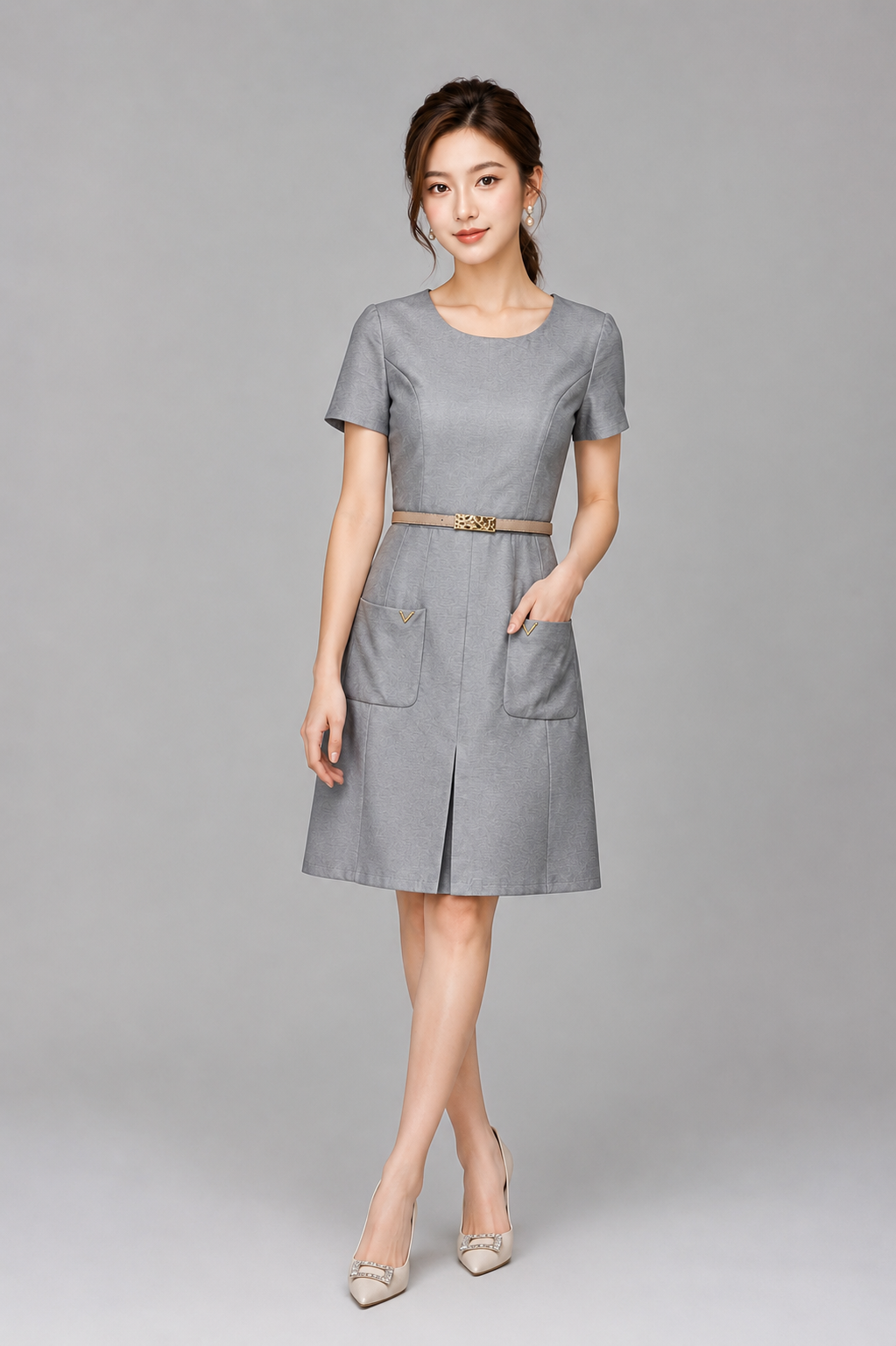 52175 Belted Pocket A-Line Midi Dress