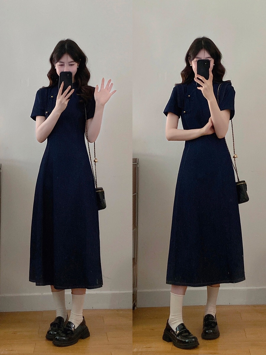 B154(3560) 新中式JEANS气质优雅木耳边肩蓝旗袍连身裙