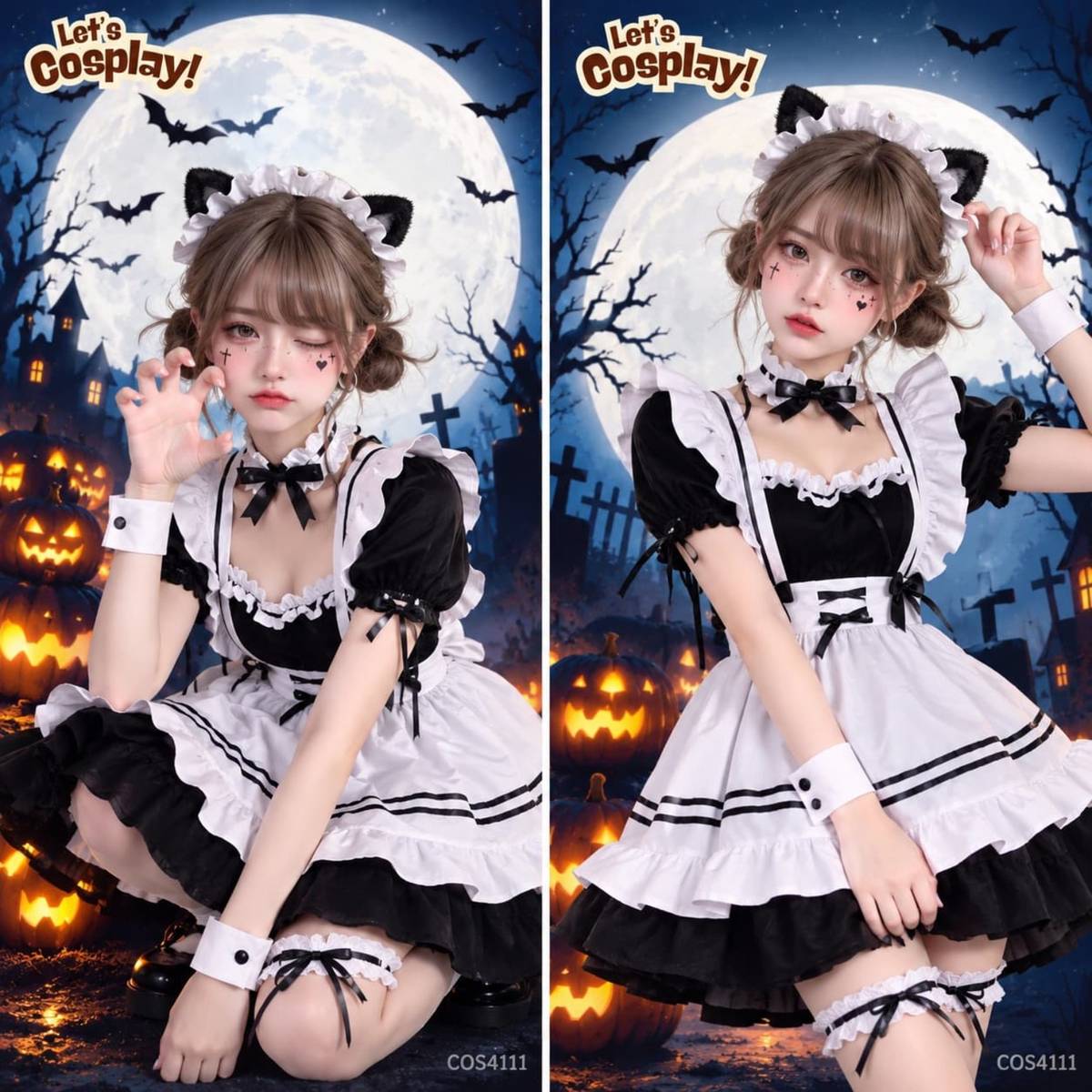 成人女士黑白貓耳Lolita女僕裝連配件,香港現貨Lets Cosplay COS4111