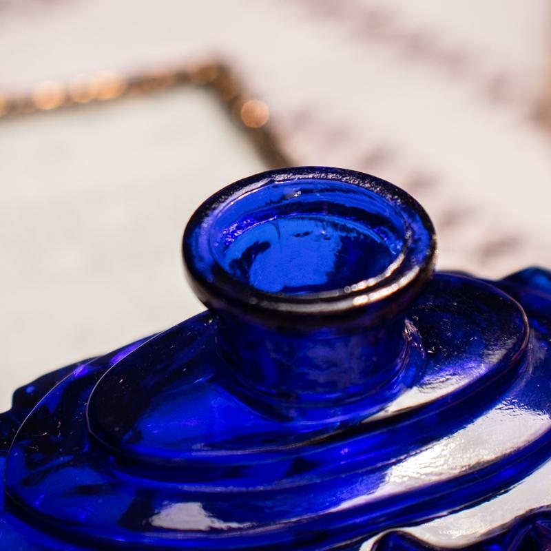 1960s Czechoslovakia Art Deco Inspired-Pattern Pressed Glass Vanity Perfume Bottle - Cobalt Blue(MW013)
