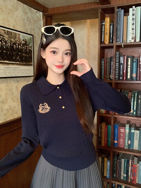 B54(3908) 韩版学院风校徽LOGO麻花纹翻领4色针织上衣