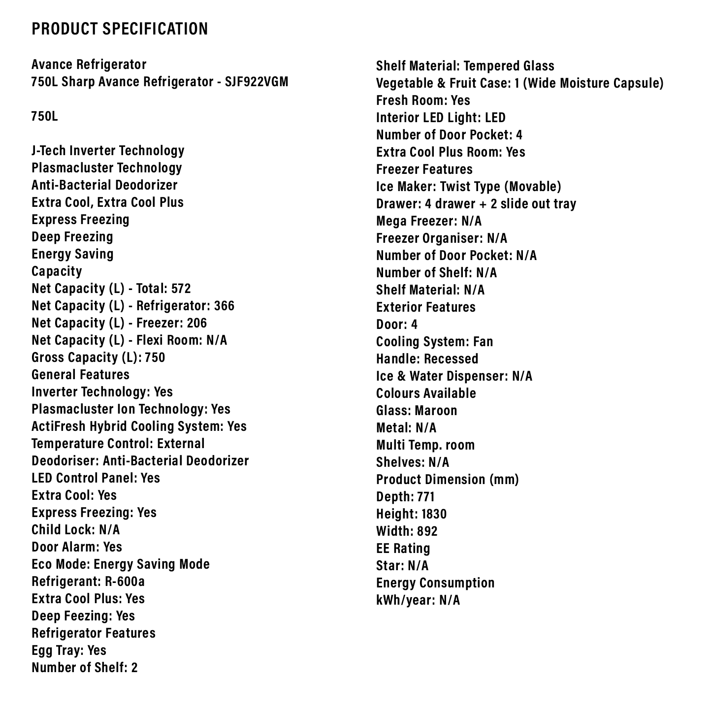 Sharp 750L Avance Glass Door 4-Door Refrigerator (SJF922VGM)