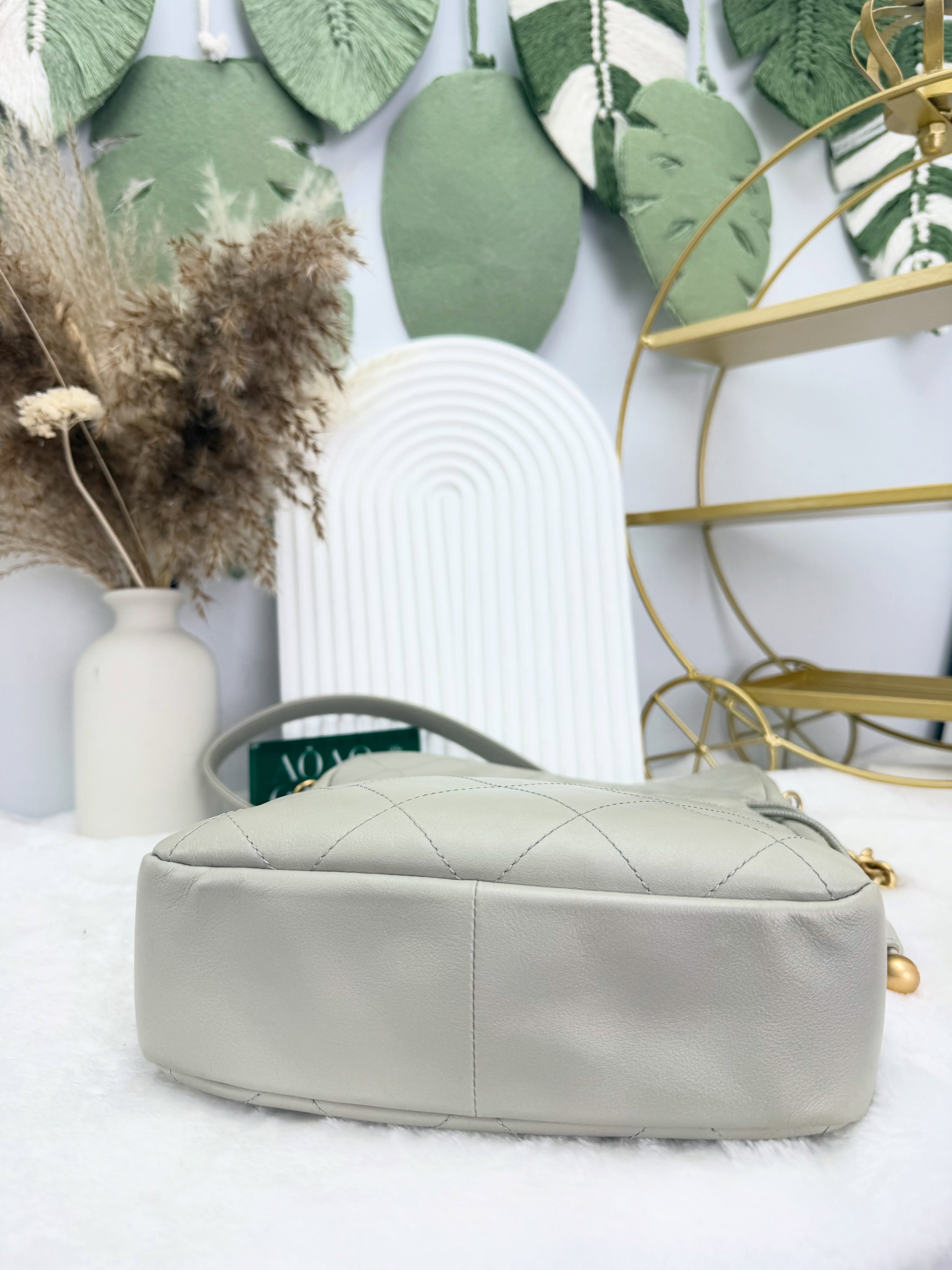 Chanel👜 PRE OWNED 🛍️灰色 金扣菱格鏈條單肩包 🩶