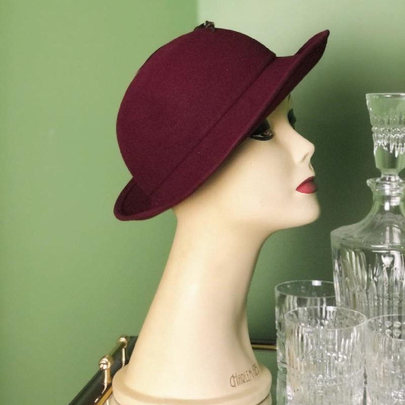 C.a. 1970s Canadian Montreal Andre Burgundy Red Felt Feather Hat/Lady Fedora Hat(MT486)