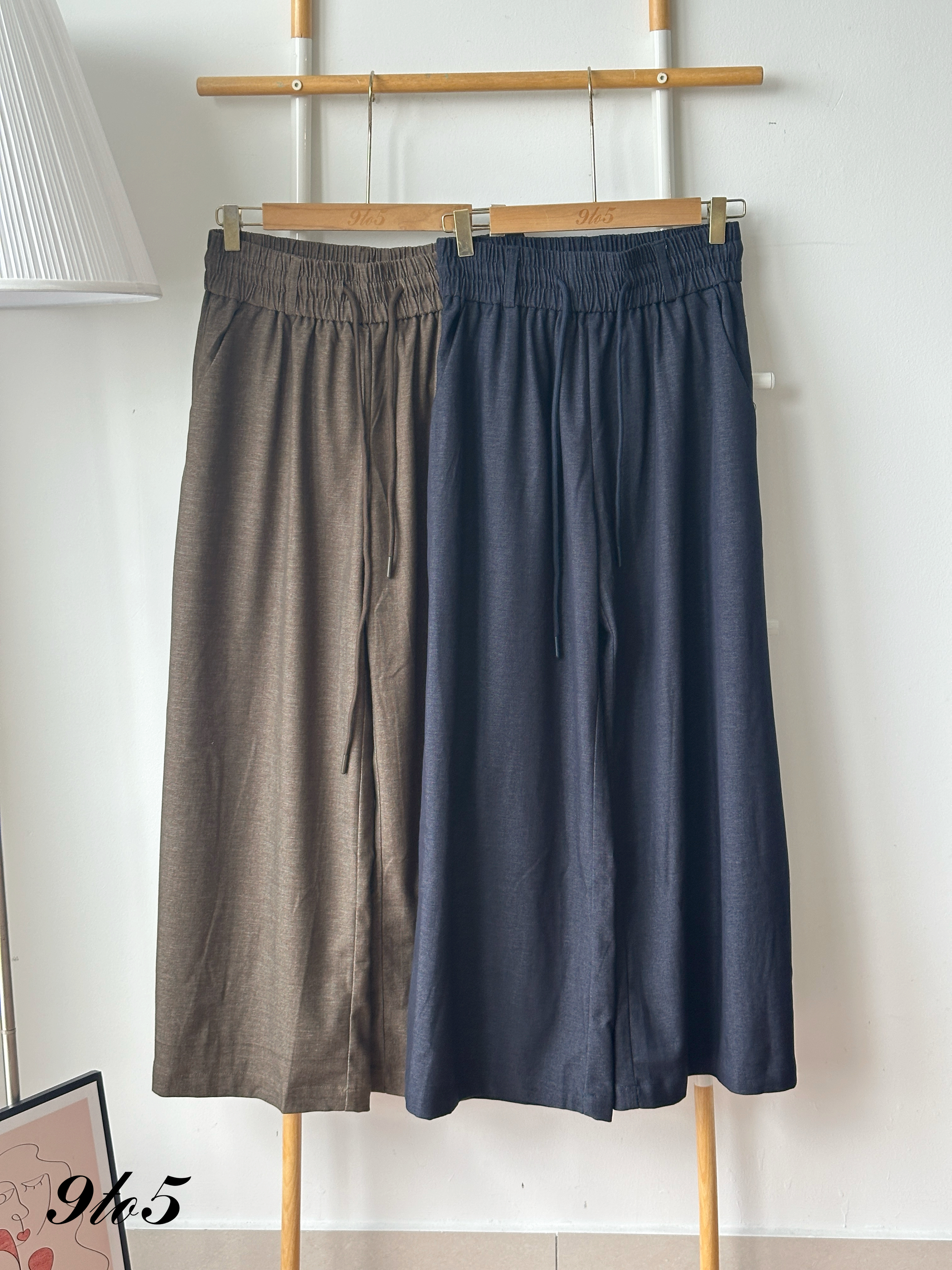 S1935 Drawstring Wide Leg Pants - Blue & Brown