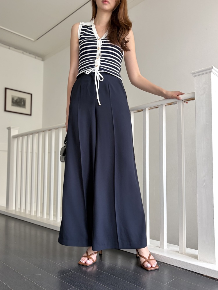 [超涼!!] Contrast Belt Wide Leg Slacks (Navy)