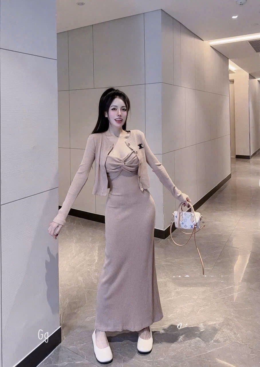 羅紋針織中長洋裝搭配開襟衫套裝
