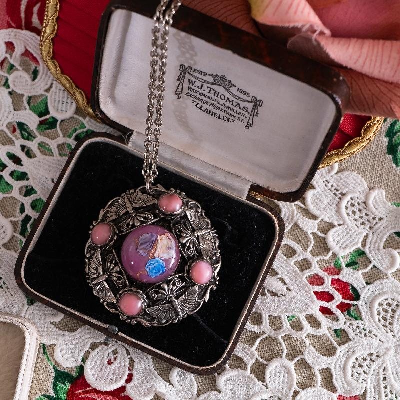 Vintage C.a. 1960s Czechoslovakian Pink Art Glass Dark Silver Tone Statement Pendant Necklace (NZ010)