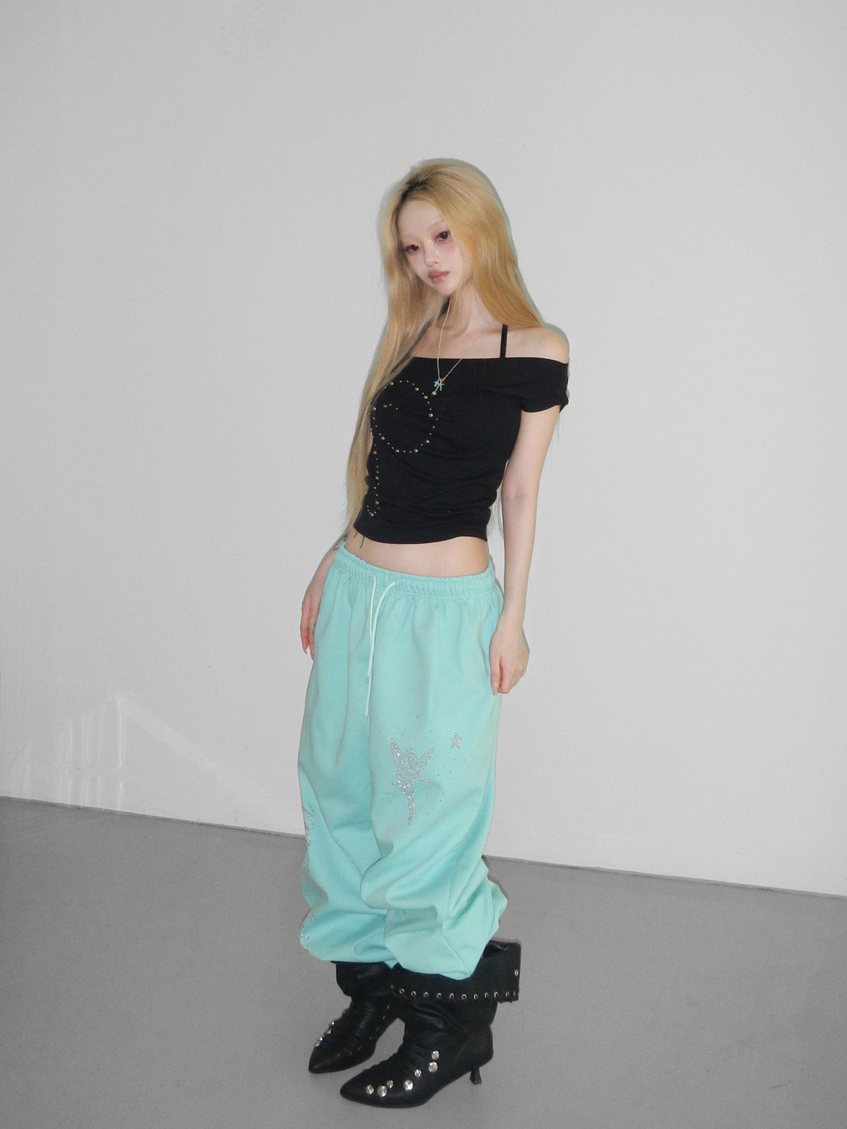 Studded Off-Shoulder Short Sleeve Top