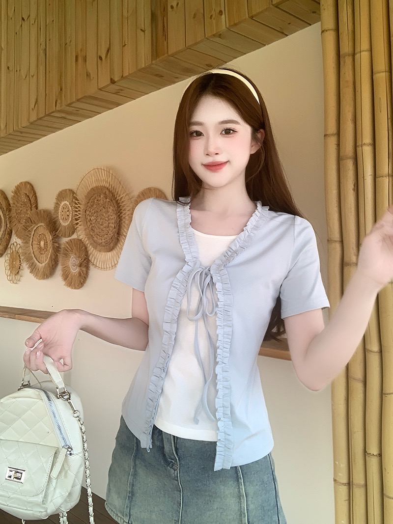 B03(36826) 韩版甜美风假两件拼白内搭外撞色木耳边系带3色上衣