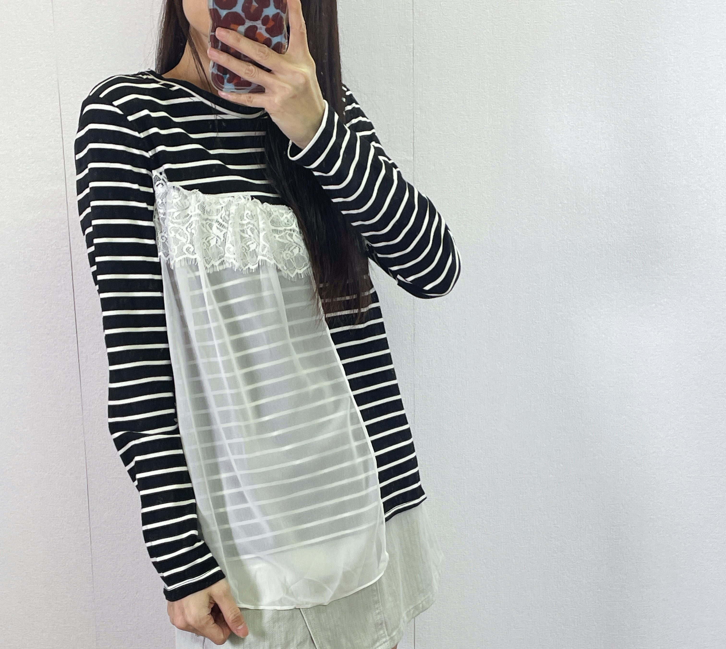 ⭐️Sale⭐️ #10-1187 橫間拼雪紡長袖top