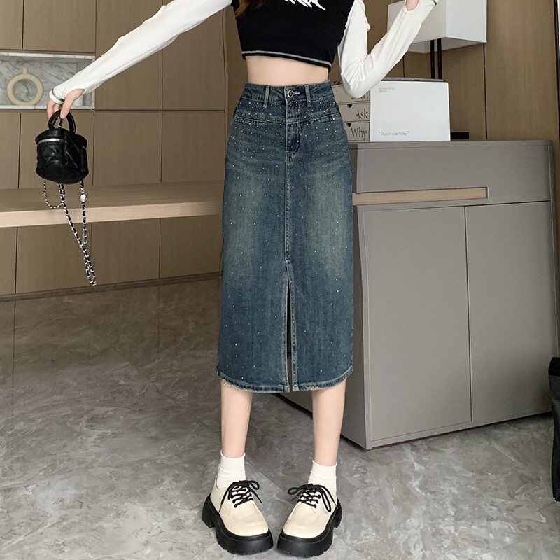 B274(30366) 韩版JEANS时尚高级感烫钻前开角蓝长裙