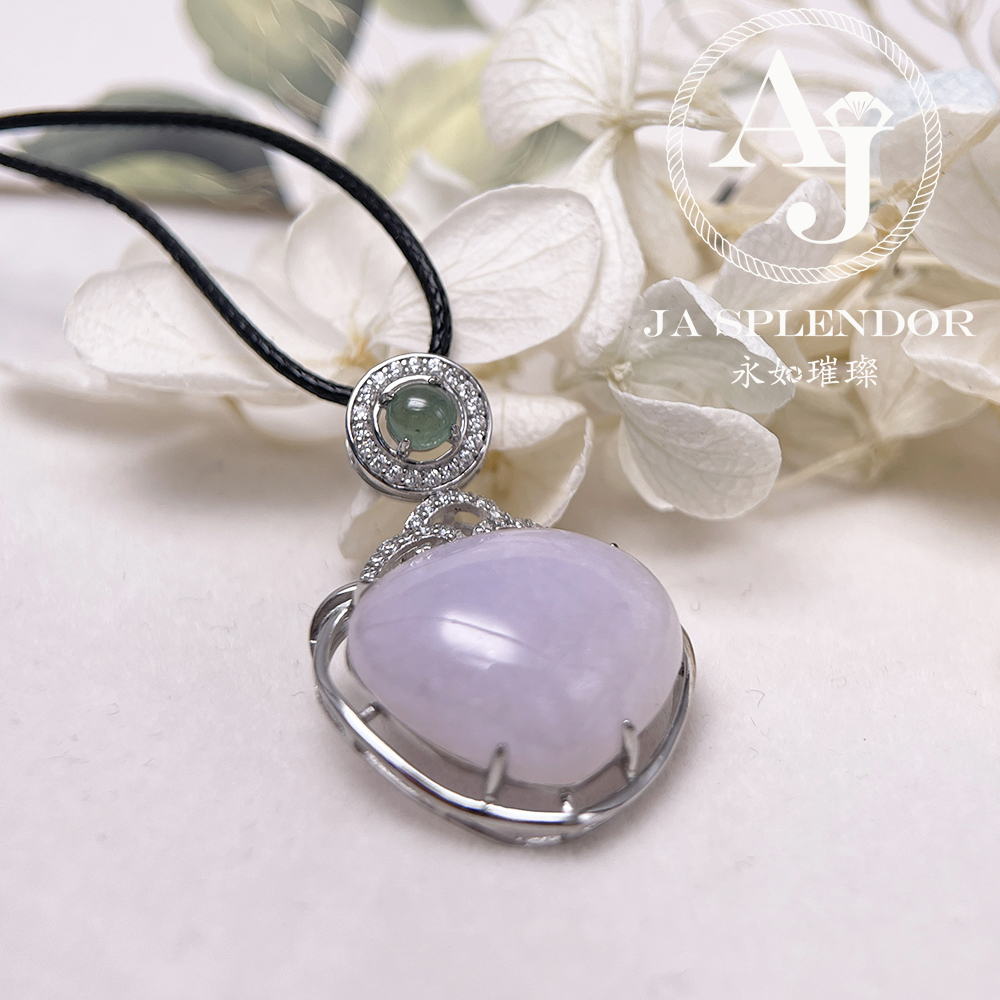 JNS-49 天然翡翠A 冰潤紫羅蘭心心相印綠色頂珠吊墜