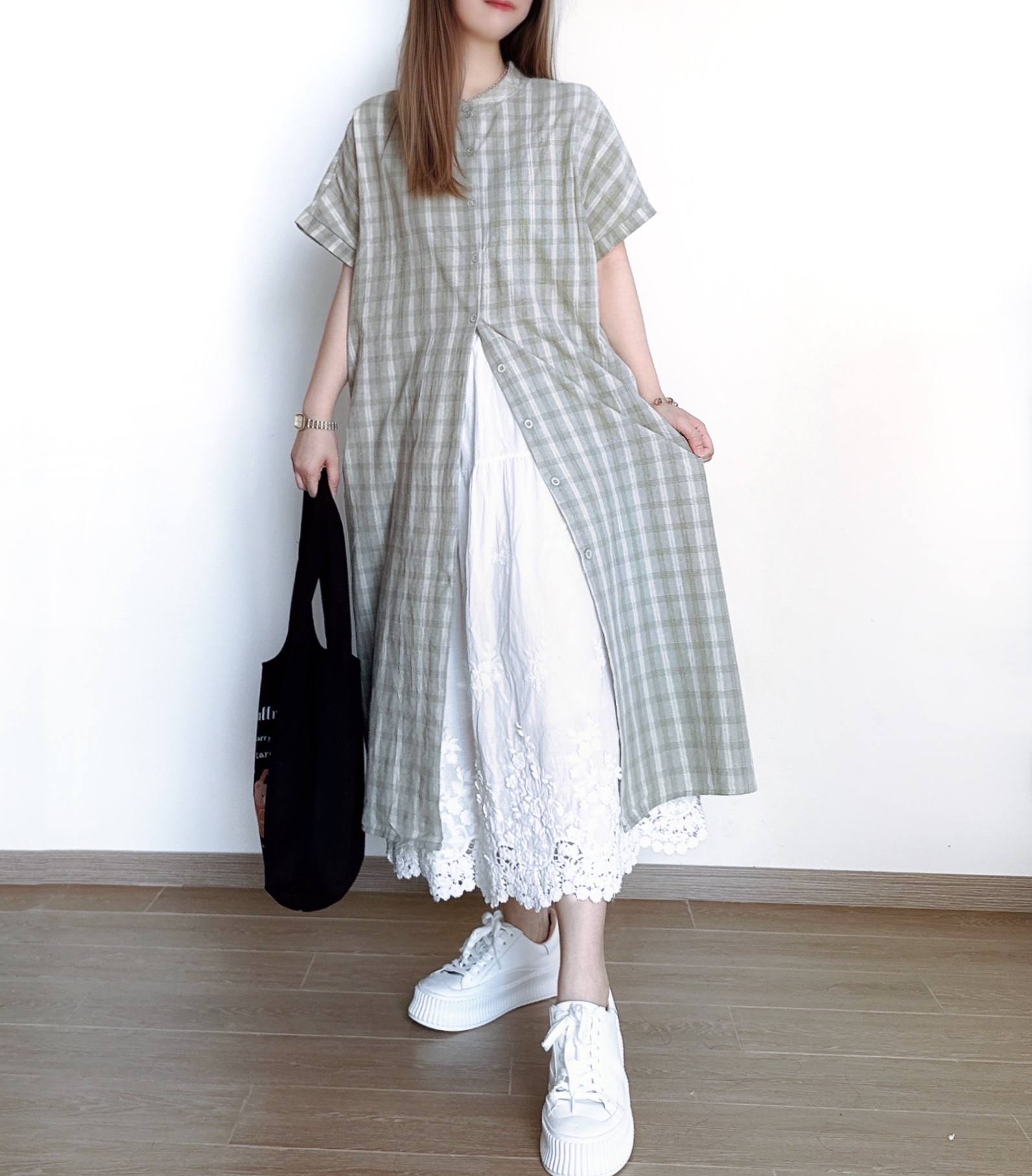 日系豆綠格紋Ops