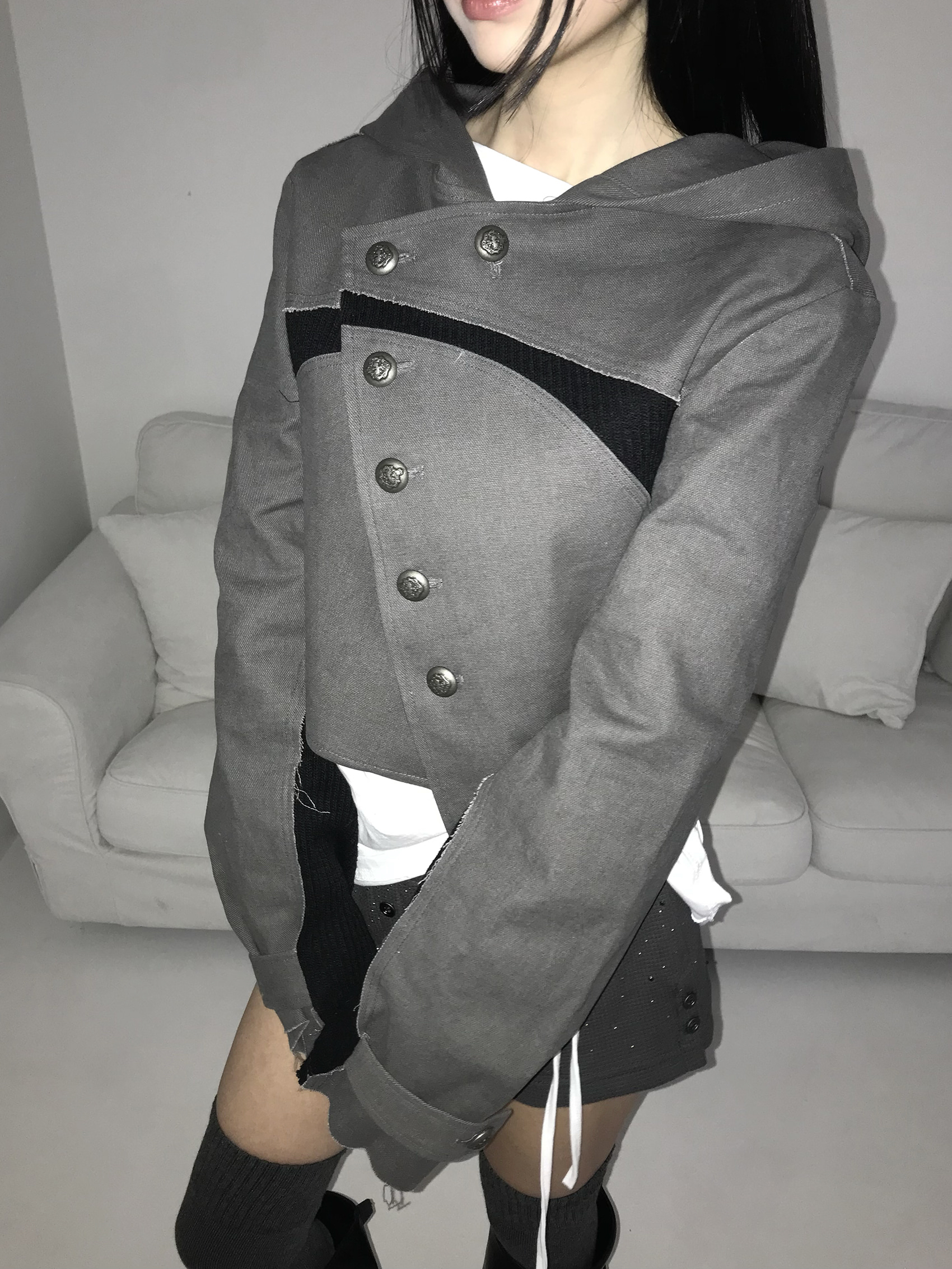 Asymmetric Raw-Edge Hooded Cropped Jacket
