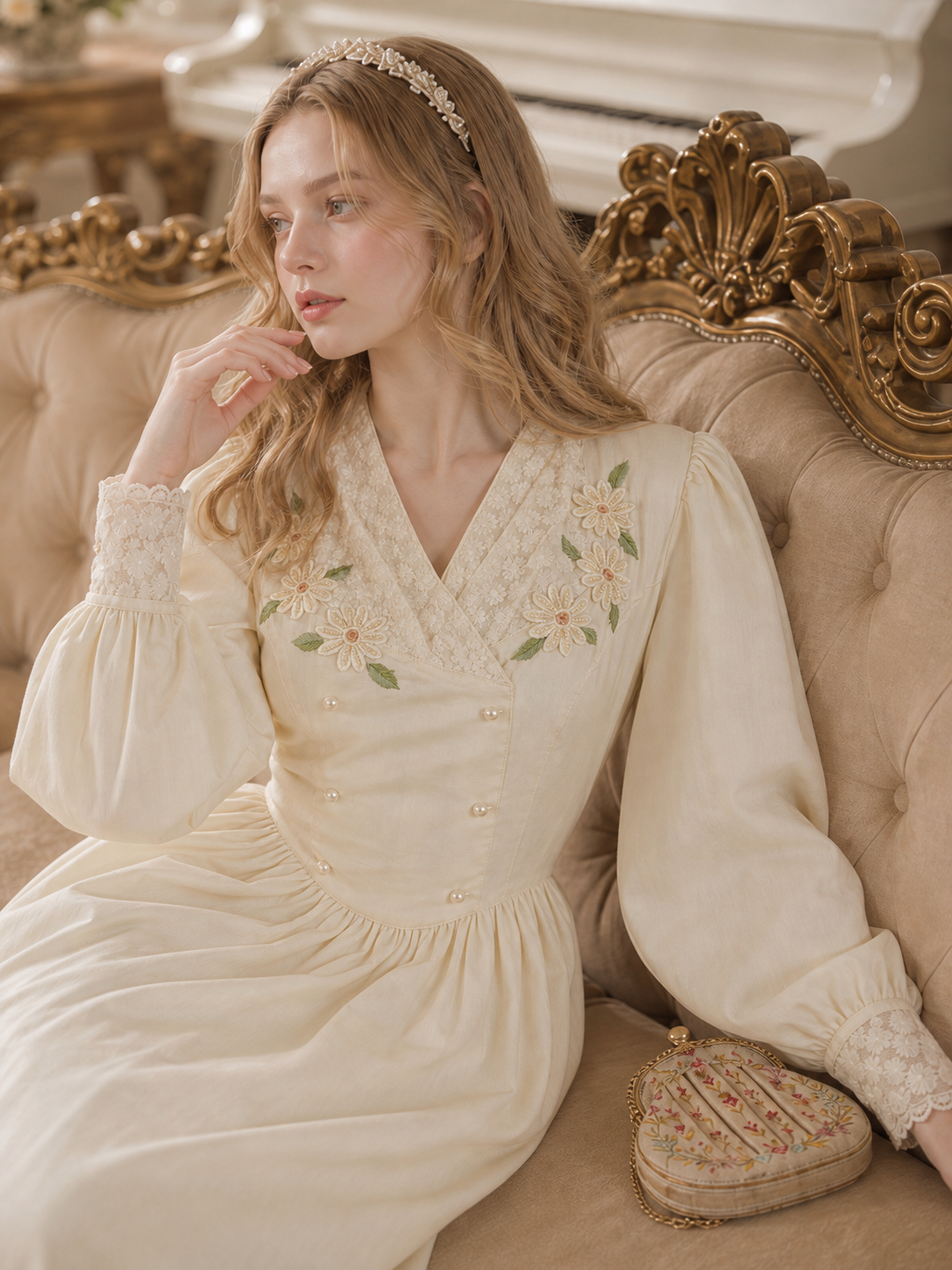 凡爾賽晨光野菊珍珠刺繡連身裙 Versailles Morning Light Daisy & Pearl Embroidered Vintage One-Piece Dress