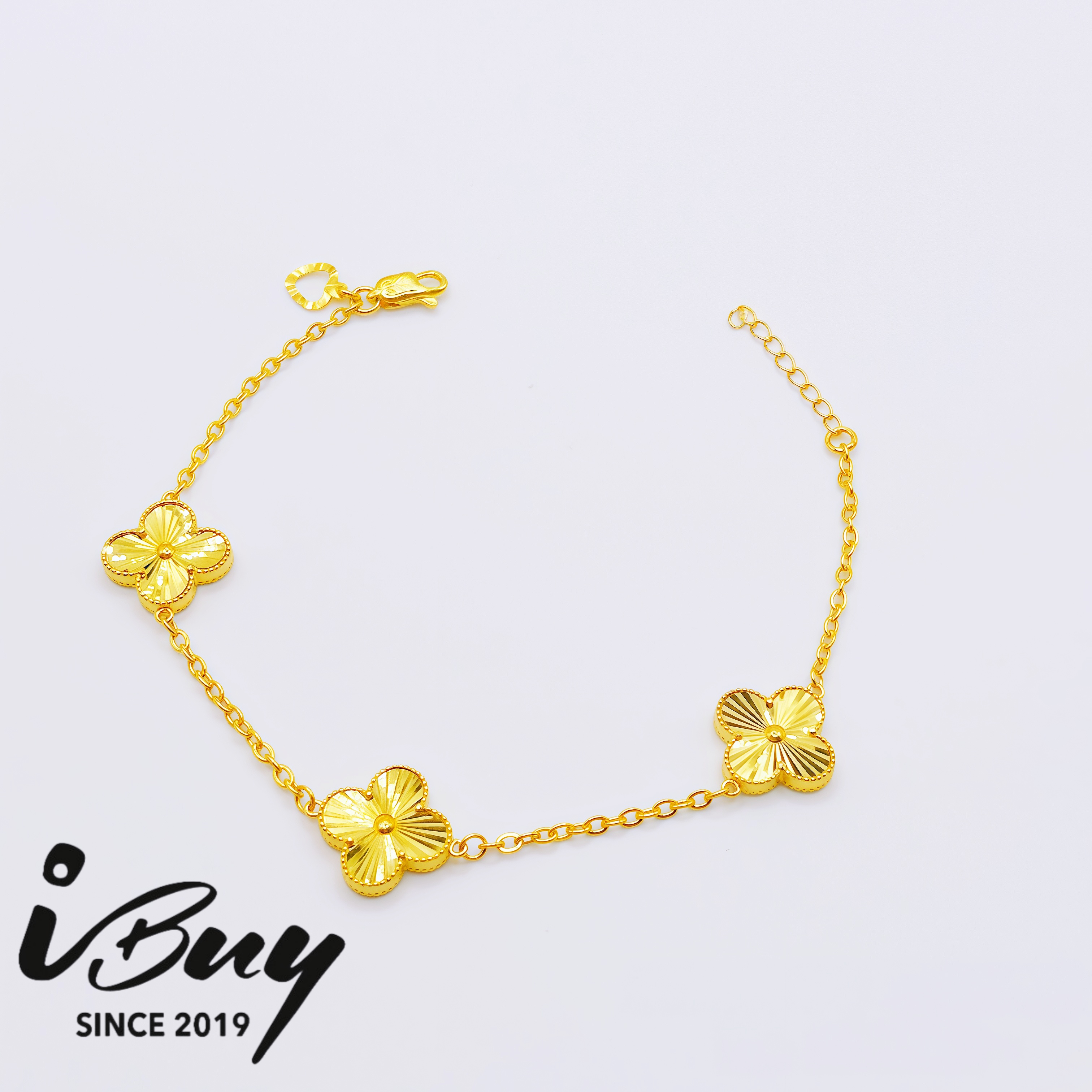 916 GOLD 12MM FULL GOLD 3 VCA BRACELET 916 金 12MM三花四叶草万字手链