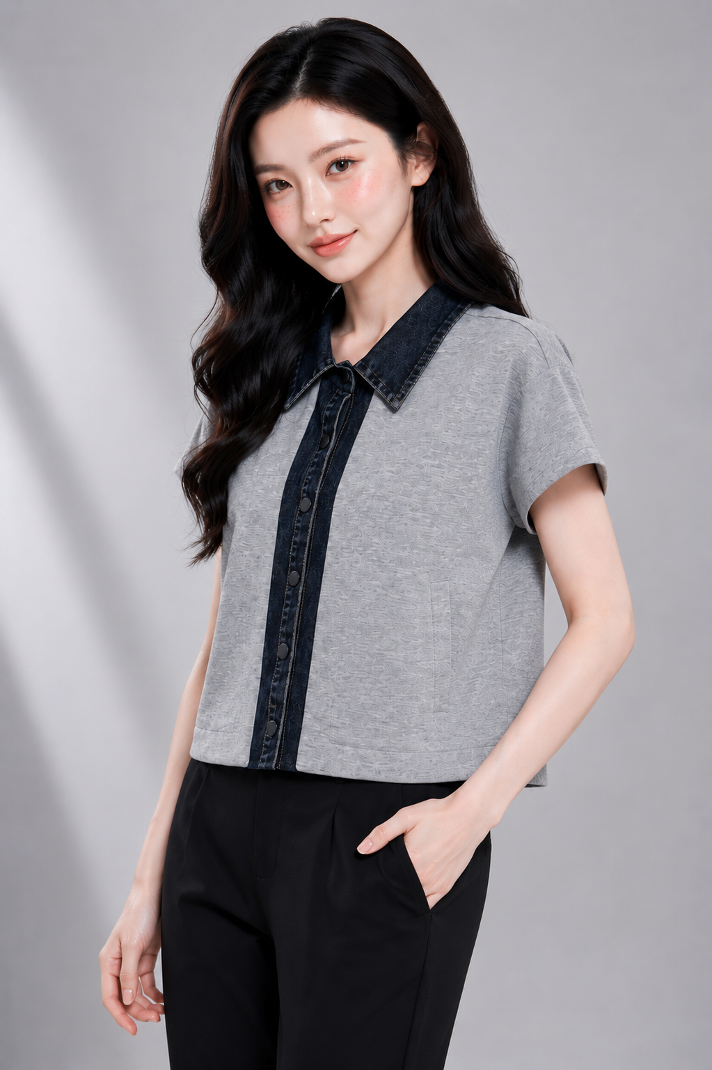 32211 Denim Contrast Comfort Polo Top