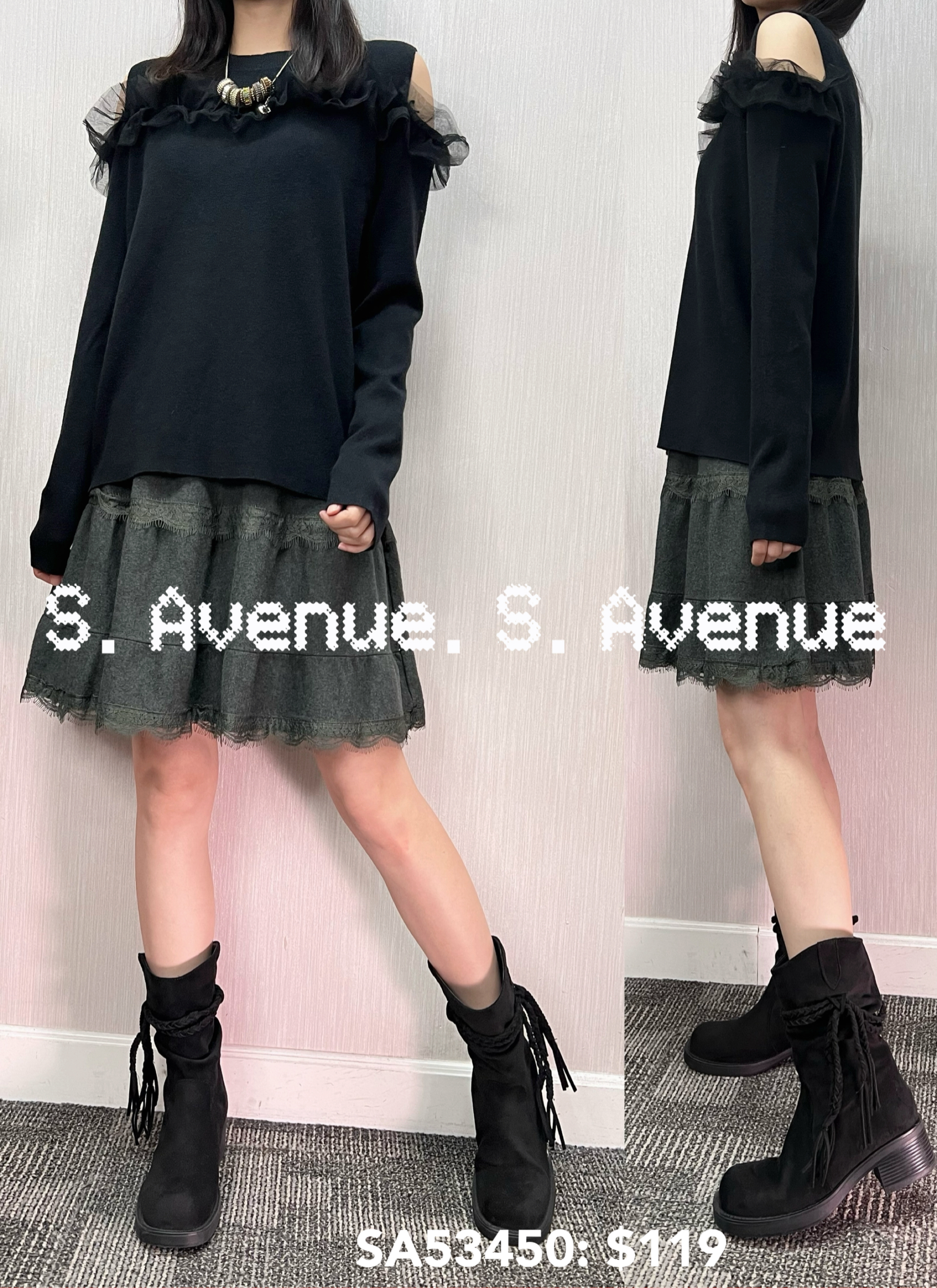 SA53450: 長袖露膊拼紗top