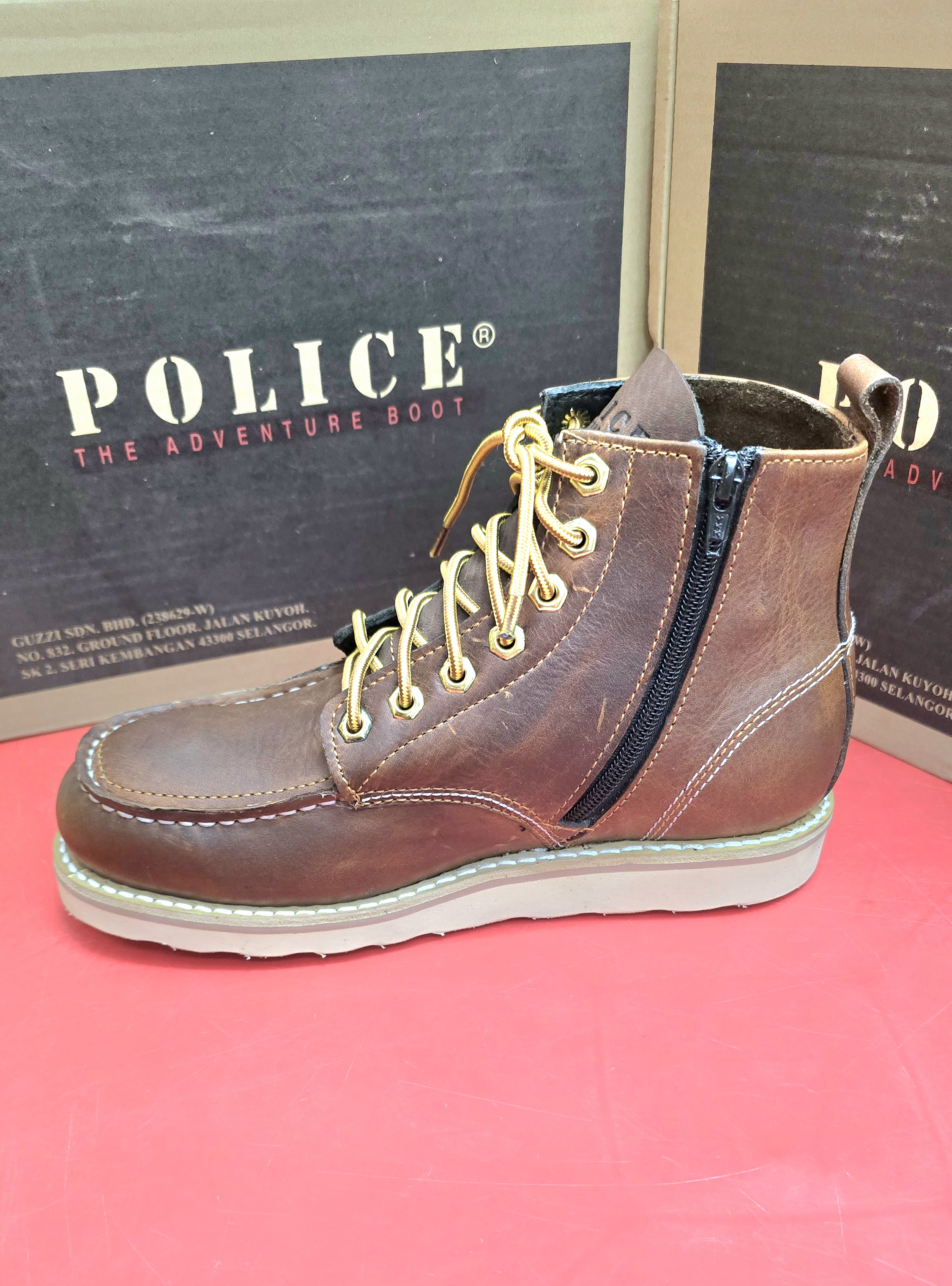 Police 93256 Men's Mid Cut Side ZIP Premium Safety Work Boots  SAFETY Steel Toe Cap, Steel Plate, Goodyear Welt, Genuine Leather Kasut Keselamatan