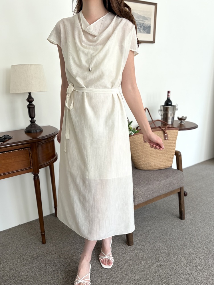 Draped Neck Dress with Inner Slip (Cream)