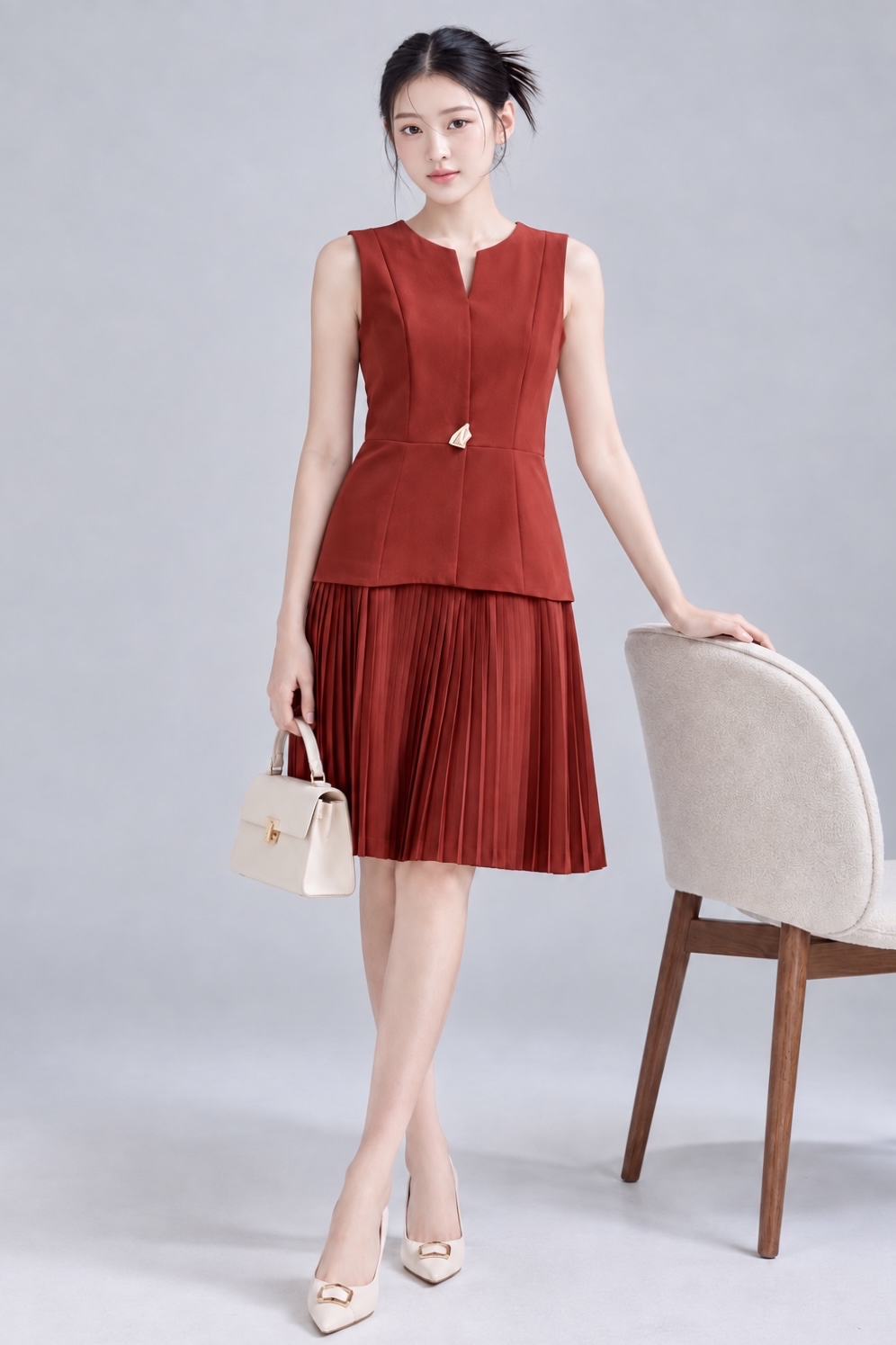 26610 Pleated Peplum Midi Dress