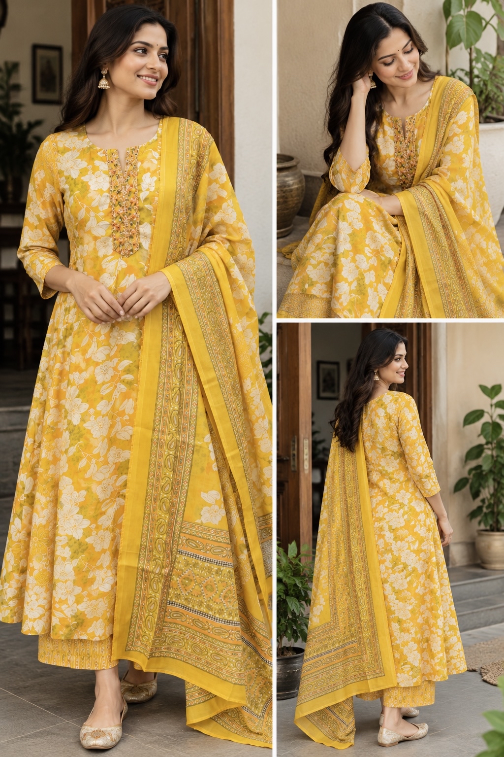 Mustard Floral Muslin Silk Anarkali set