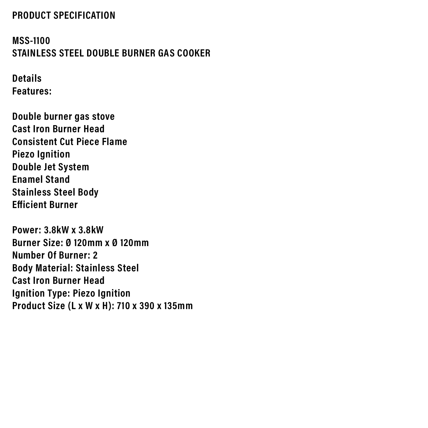 Milux Stainless Steel Double Burner Gas Cooker (MSS-1100)