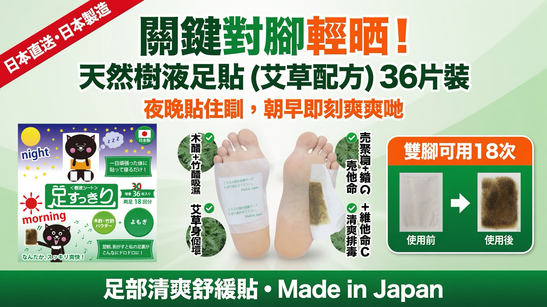 日本直送日本製造  日本直送 日本足貼 天然樹液貼（艾蒿 /艾草 配方）36片裝