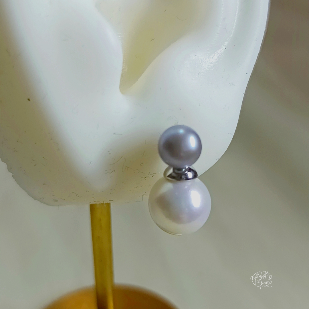 正圓極光愛迪生白珍珠+淡水灰珠精工s925銀雙珠耳釘