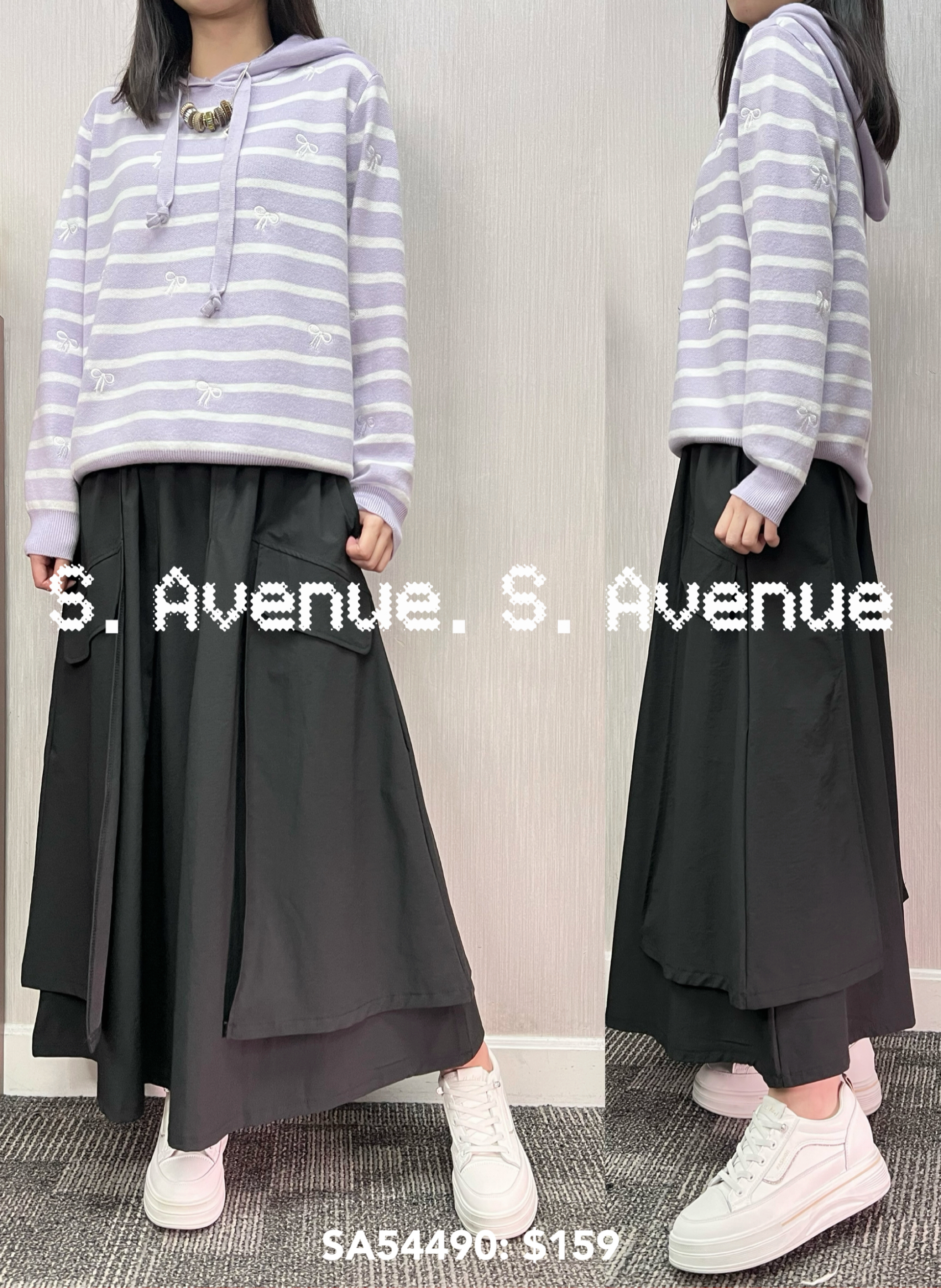 SA54490: 長袖有帽間條繡蝴蝶結冷top