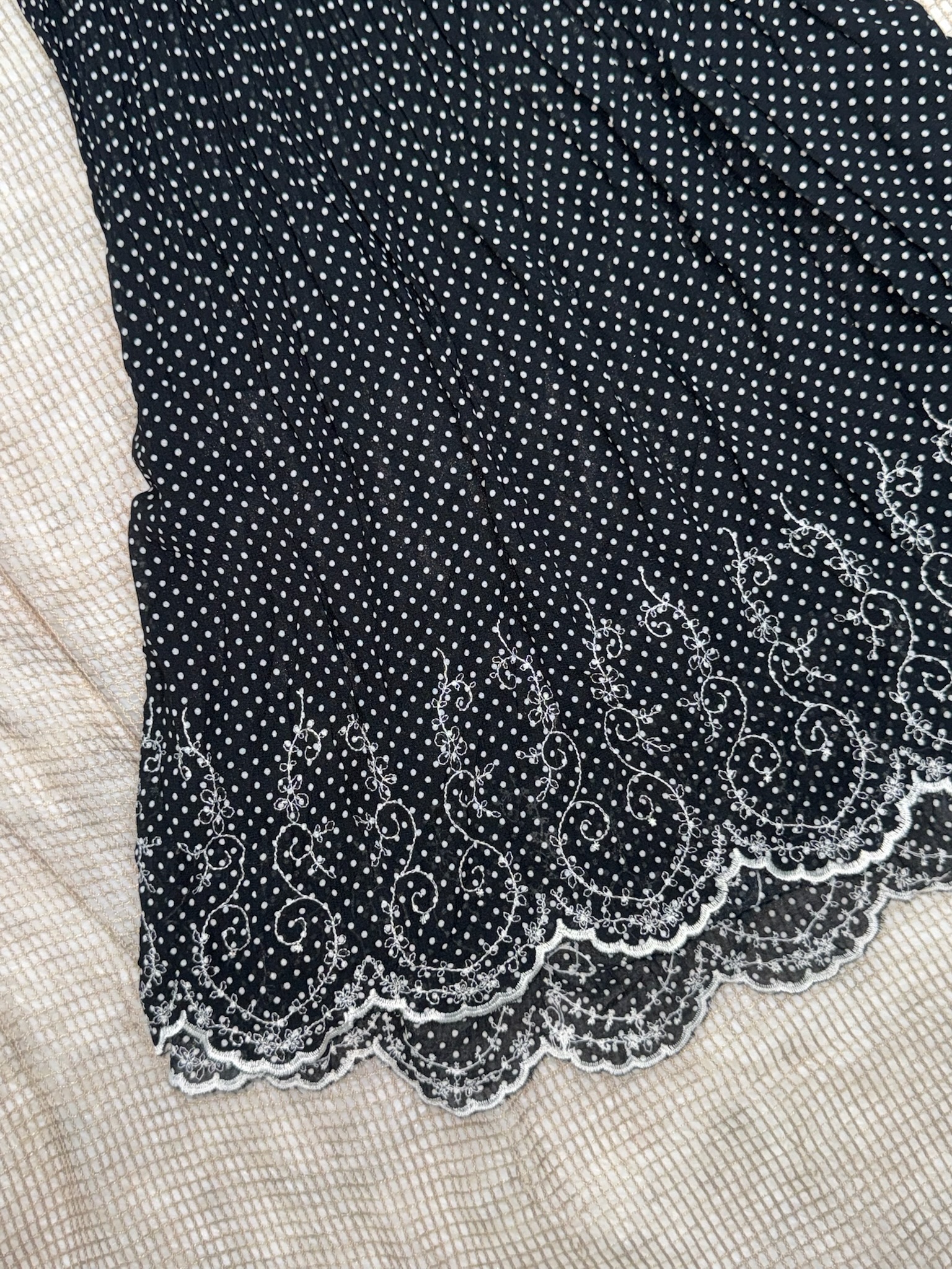 French Girly Ribbon Drawstring Lace Micro Dot Midi Skirt 