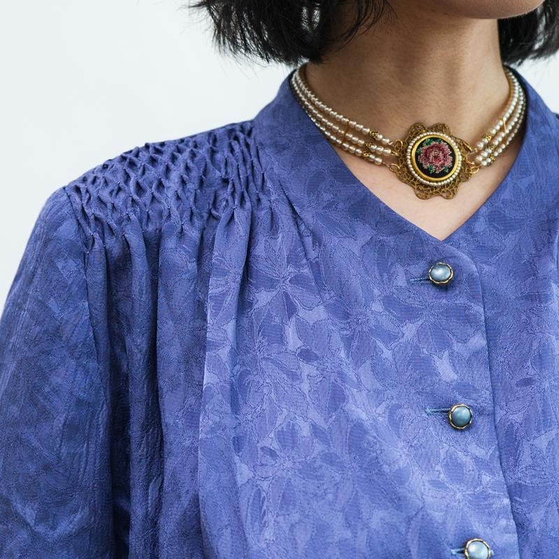 Vintage Purplish Blue Subtle Pattern Diamond Gathered Detail Elegant Day & Night Dress (MT1608-81)