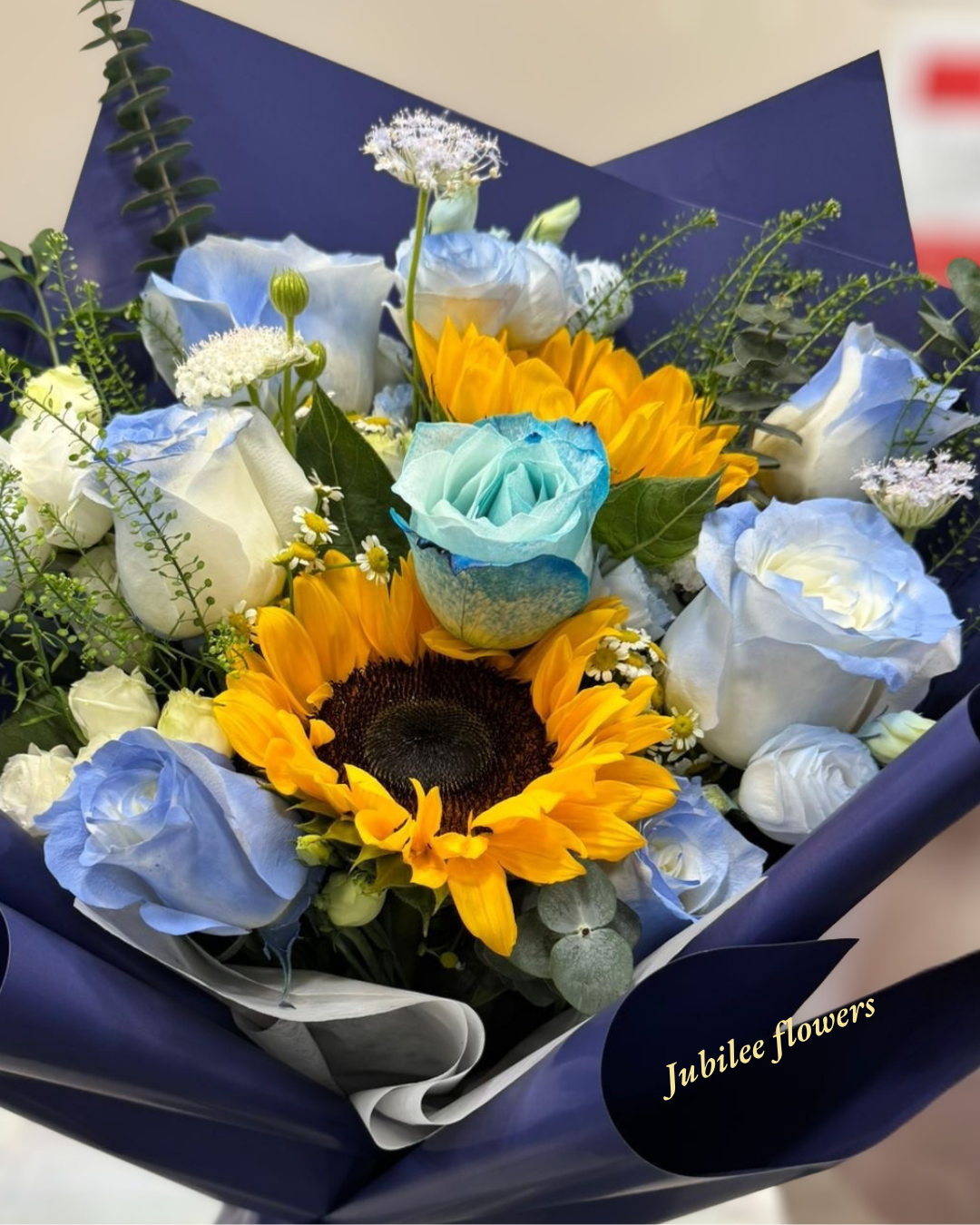 🌻向日葵 碎冰藍玫瑰花束 