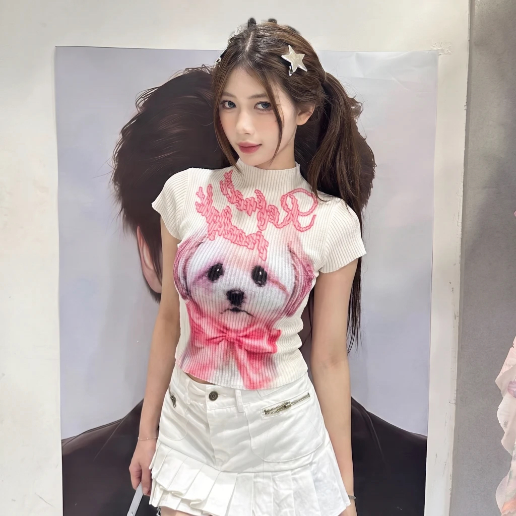 甜美猫咪印花弹簧面料上衣 Sweet Cat Print Textured Stretch Top
