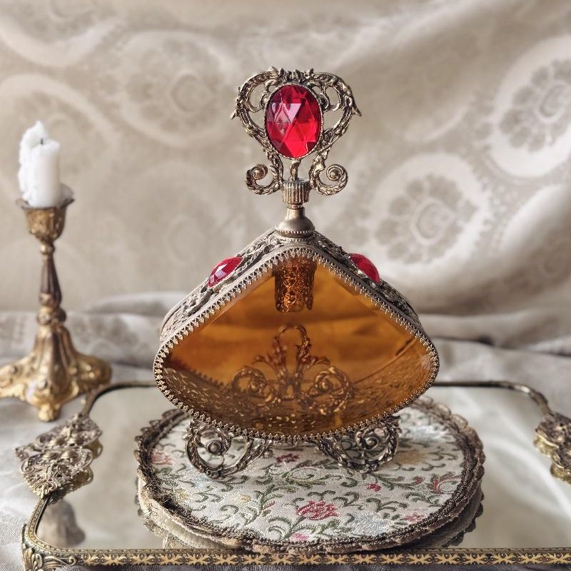 Rare! Early to Mid-Century Romantic Revival Ormolu & Amber Glass Large Perfume Bottle (MT2494)