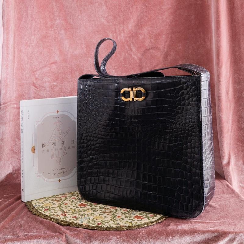 Vintage Salvatore Ferragamo Dark Blue Embossed Leather With iconic Gancini Hardware Large Two Way Shoulder / Crossbody Bag (MT1815)